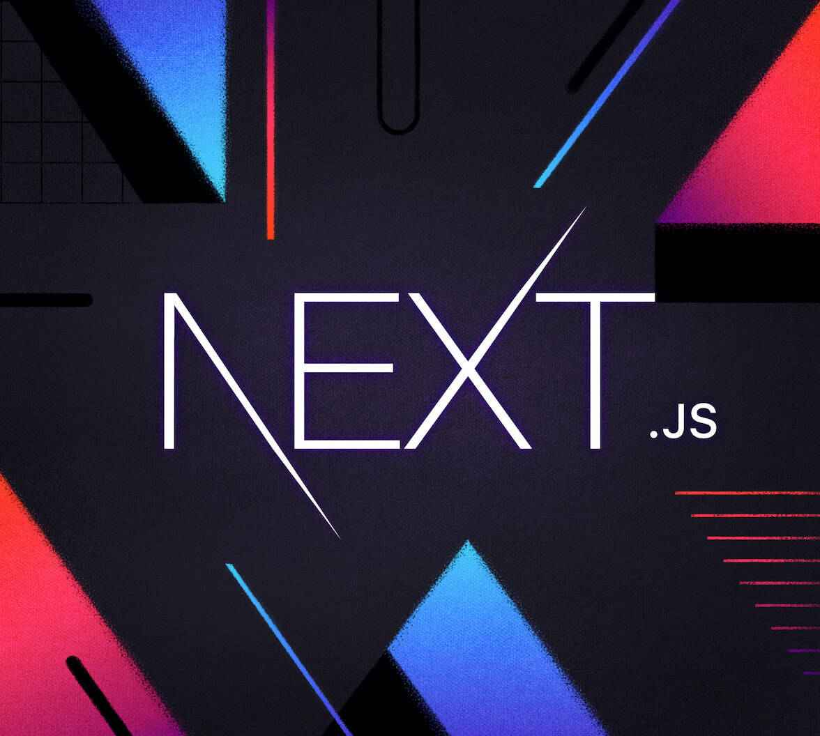 藍色 桌布 壁紙 — 粗體白色 'NEXT.JS' 文字居中於深色背景上，搭配藍色、粉紅色和紅色的鮮豔幾何形狀。