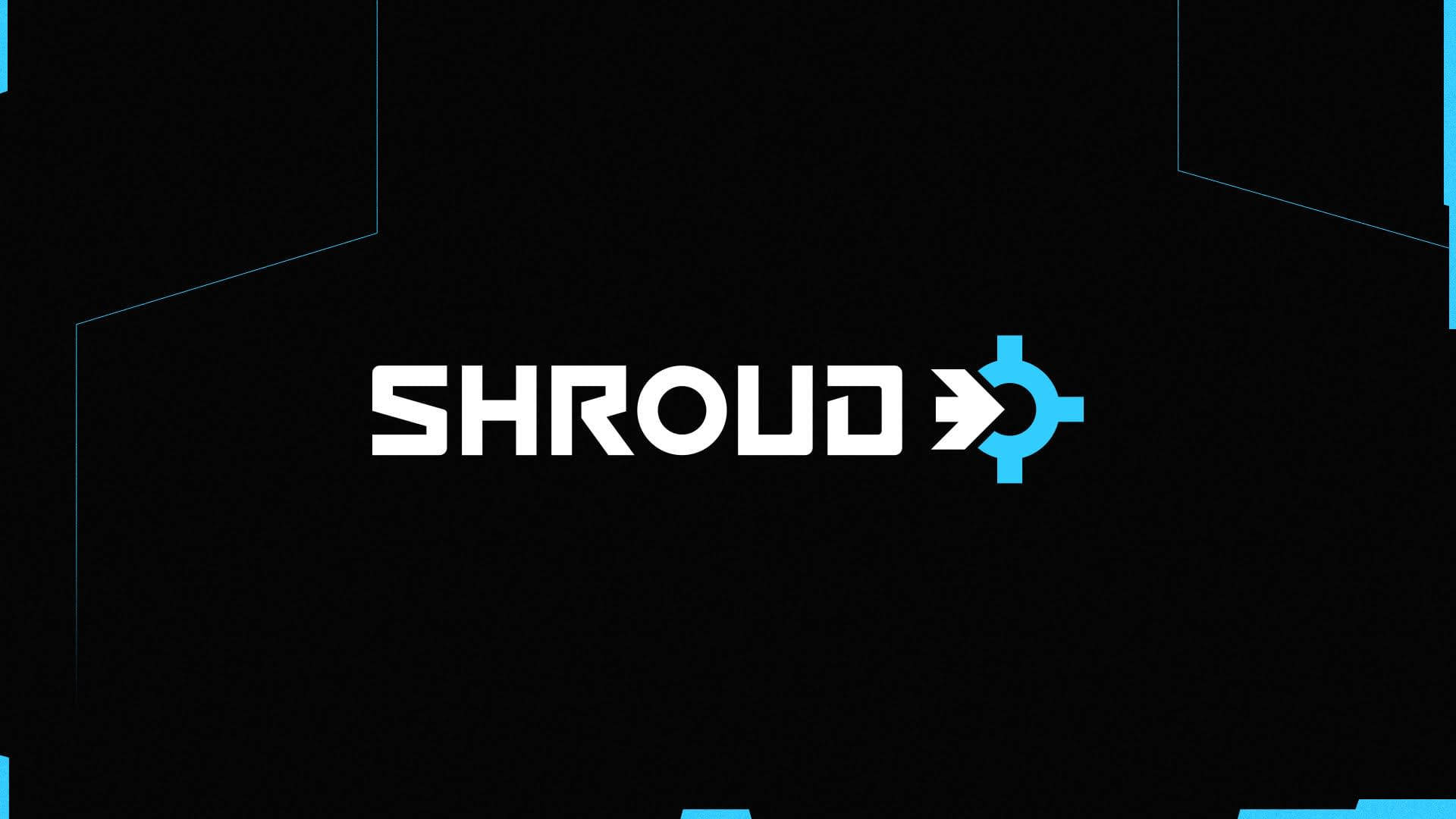 Shroud 桌布 壁紙 — 粗體白色 'SHROUD' 文字，藍色箭頭標誌居中，黑色背景上帶有發光藍色幾何線條。