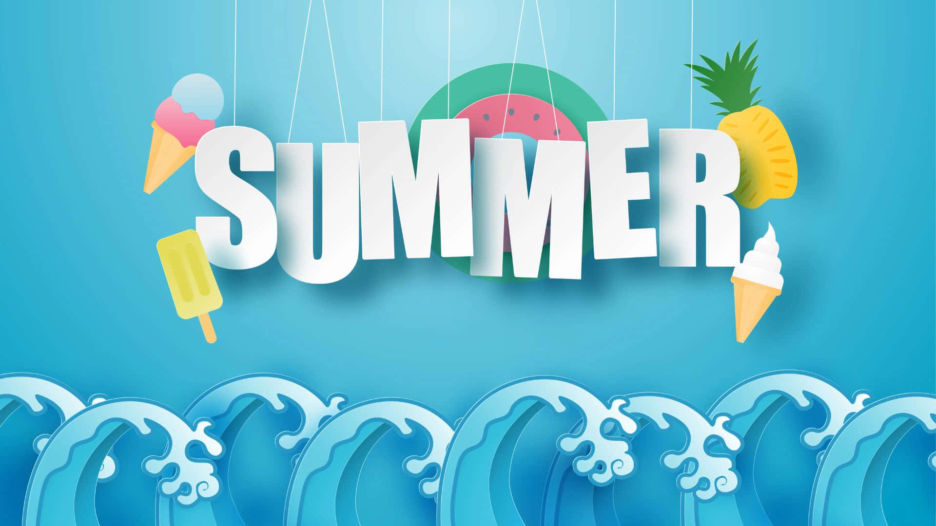 夏天 桌布 壁紙 — 粗體白色 'SUMMER' 字母懸掛在風格化的海浪上方，伴隨著漂浮的冰淇淋冰棒和西瓜。