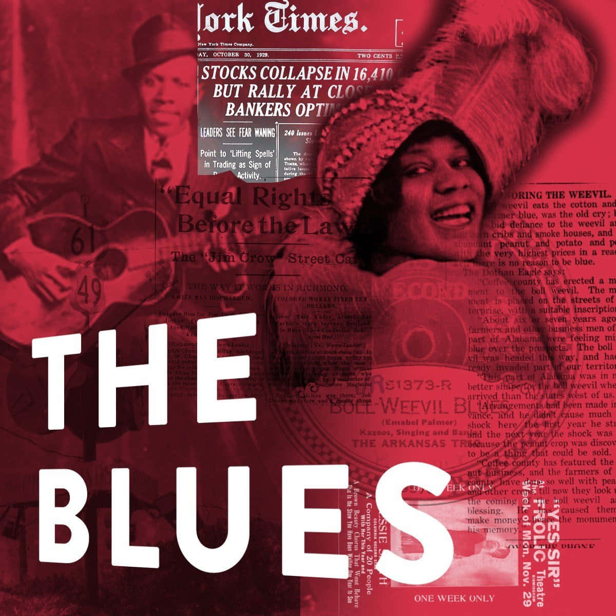 Singer 桌布 壁紙 — 粗體白色 'THE BLUES' 文字疊加在復古紅色調報紙剪報上，展示歷史黑人人物和頭條新聞。