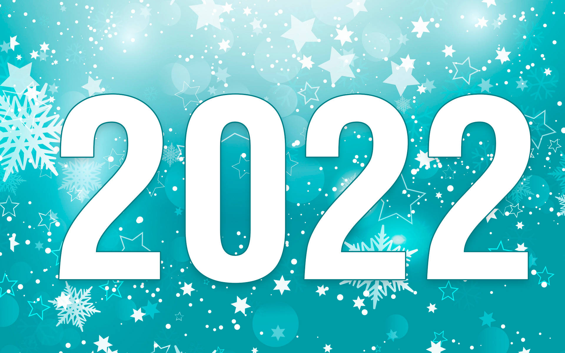 New 桌布 壁紙 — 粗體白色2022數字漂浮在閃爍的青綠色背景上，背景飾有雪花和星星。
