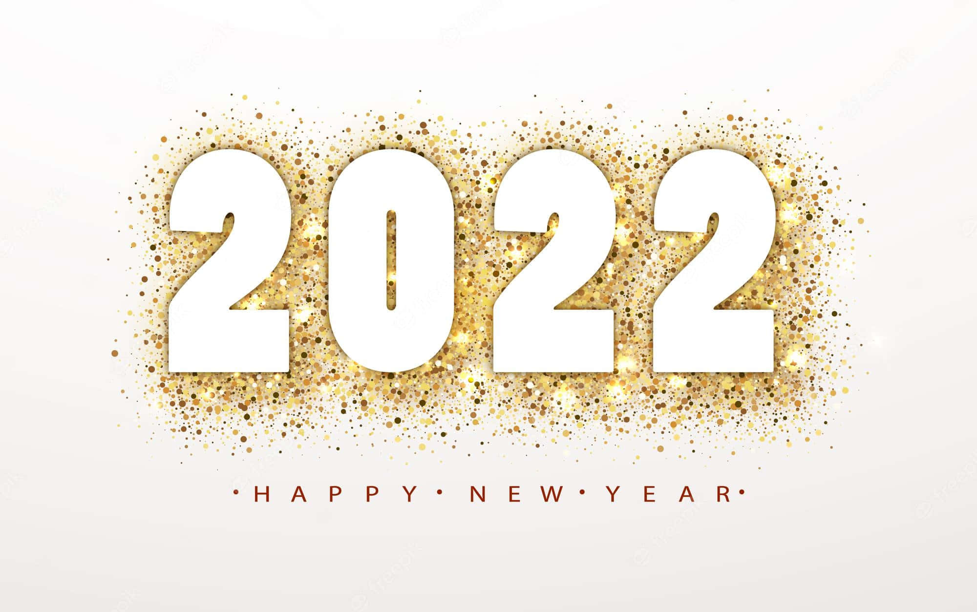 閃爍 桌布 壁紙 — 粗體白色2022文字被閃爍金色閃粉包圍，下方有紅色「HAPPY NEW YEAR」。