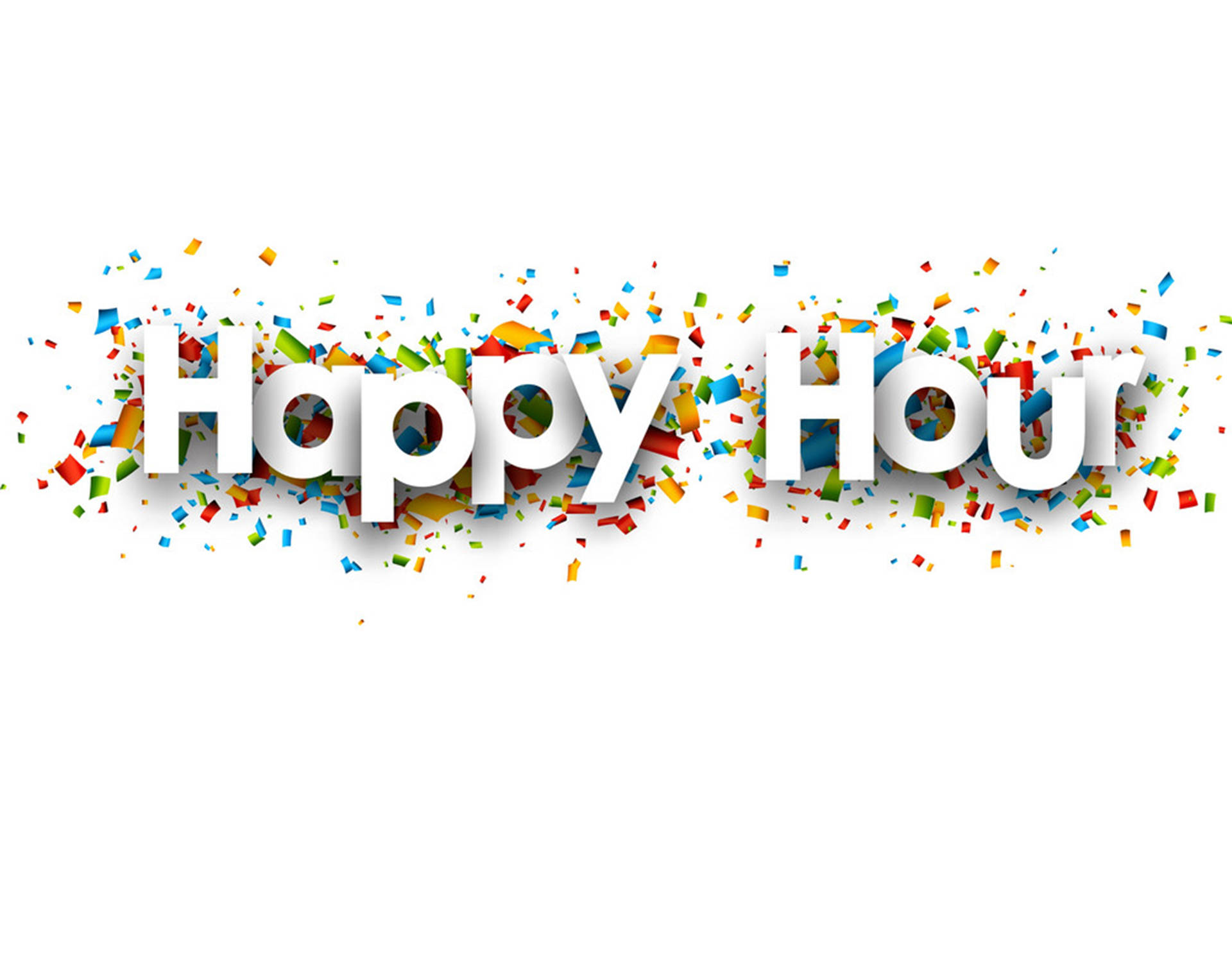 Hour 桌布 壁紙 — 粗體白色3D字母拼出「Happy Hour」，在純白背景上爆發出五彩紙屑。