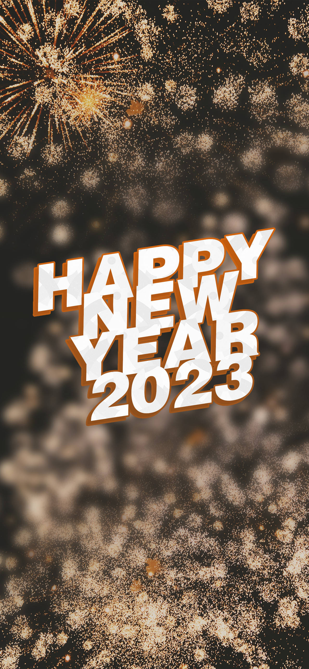 新年快樂 桌布 壁紙 — 粗體白色3D文字 'HAPPY NEW YEAR 2023' 在深色背景上，搭配金色煙火和亮粉粒子。