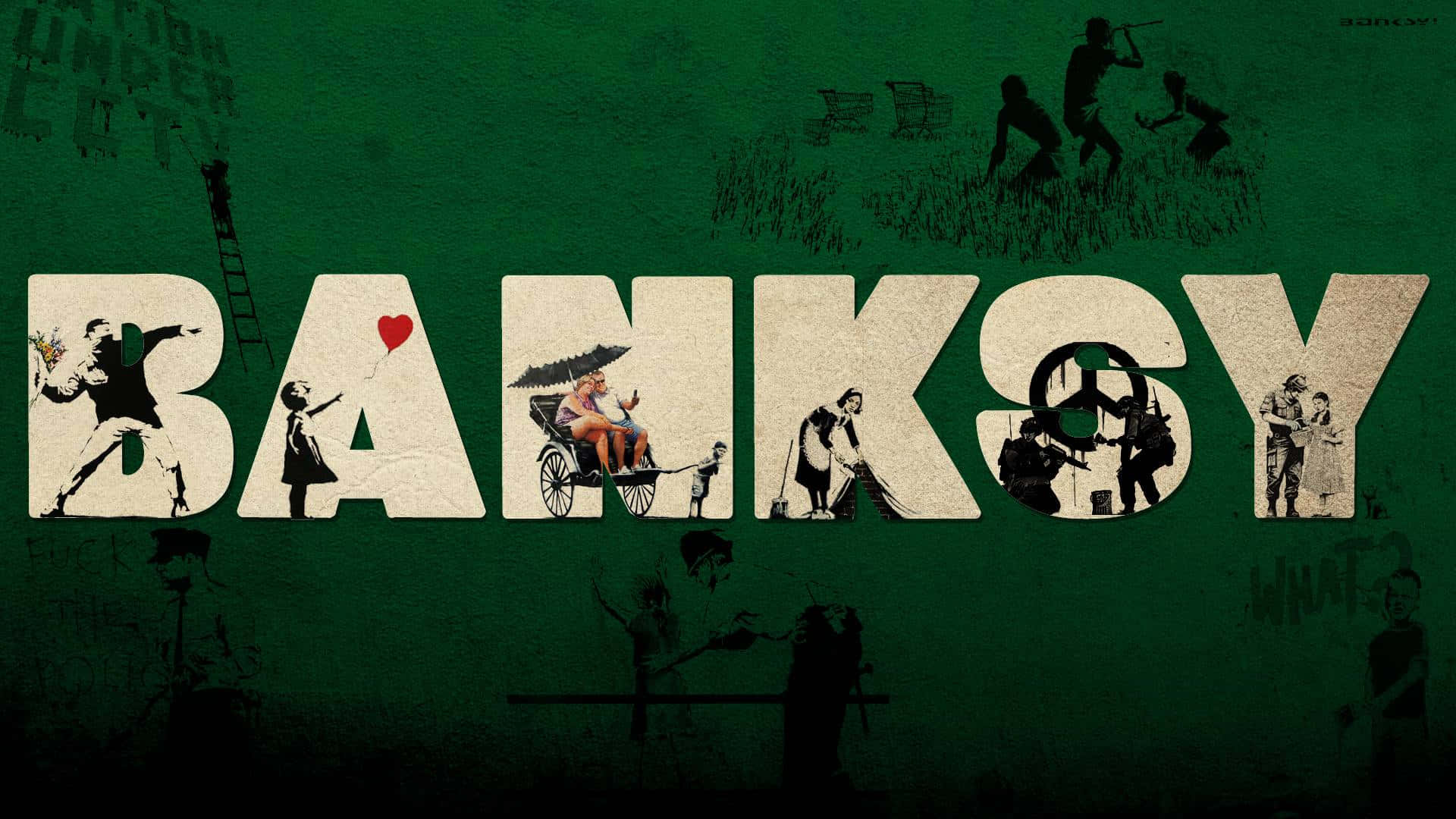 Banksy 桌布 壁紙 — 粗體白色Banksy字母在深綠色背景上，充滿標誌性的模板藝術場景。