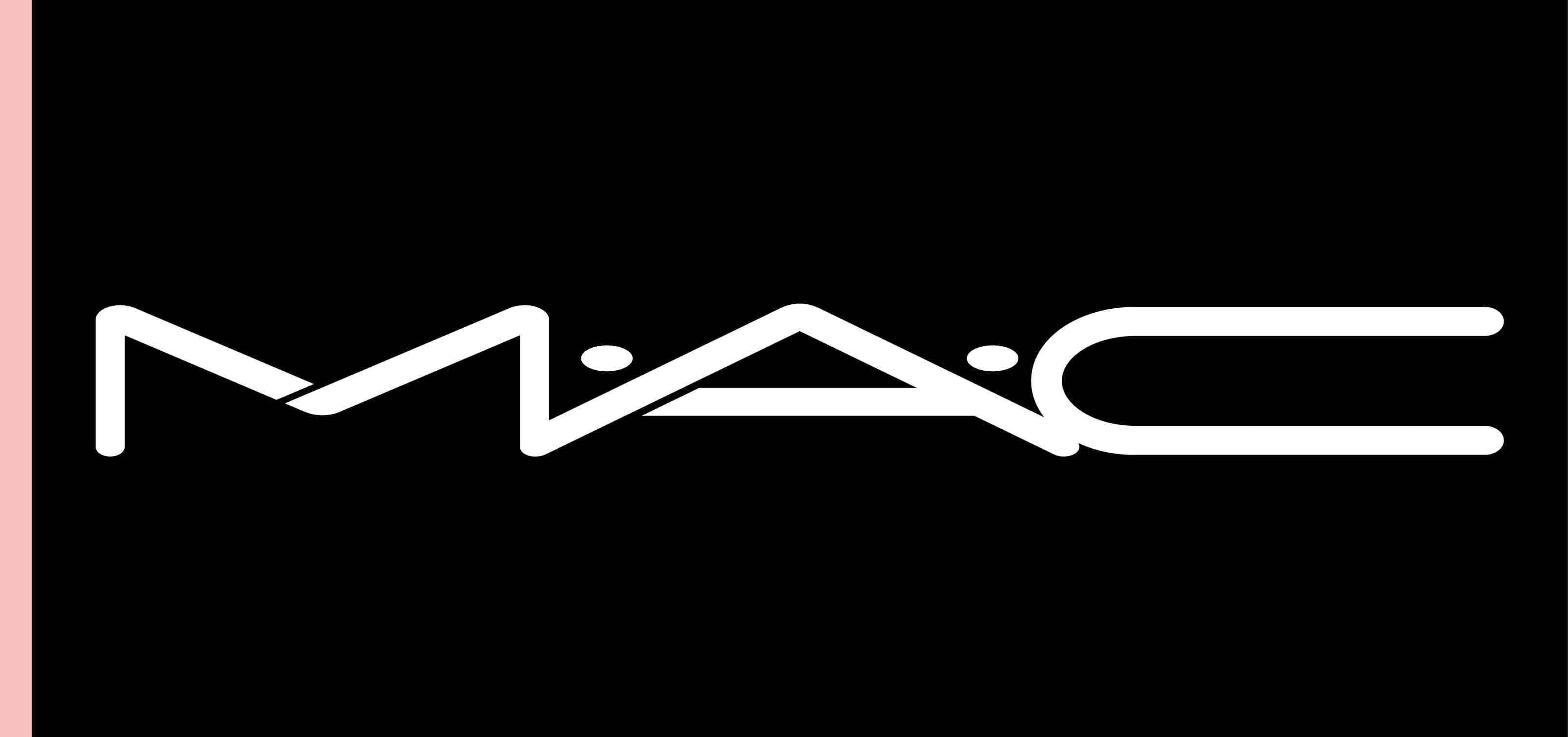 Mac Cosmetics 桌布 壁紙 — 粗體白色MAC標誌居中於黑色背景上，左側有一條細粉紅色垂直條紋。