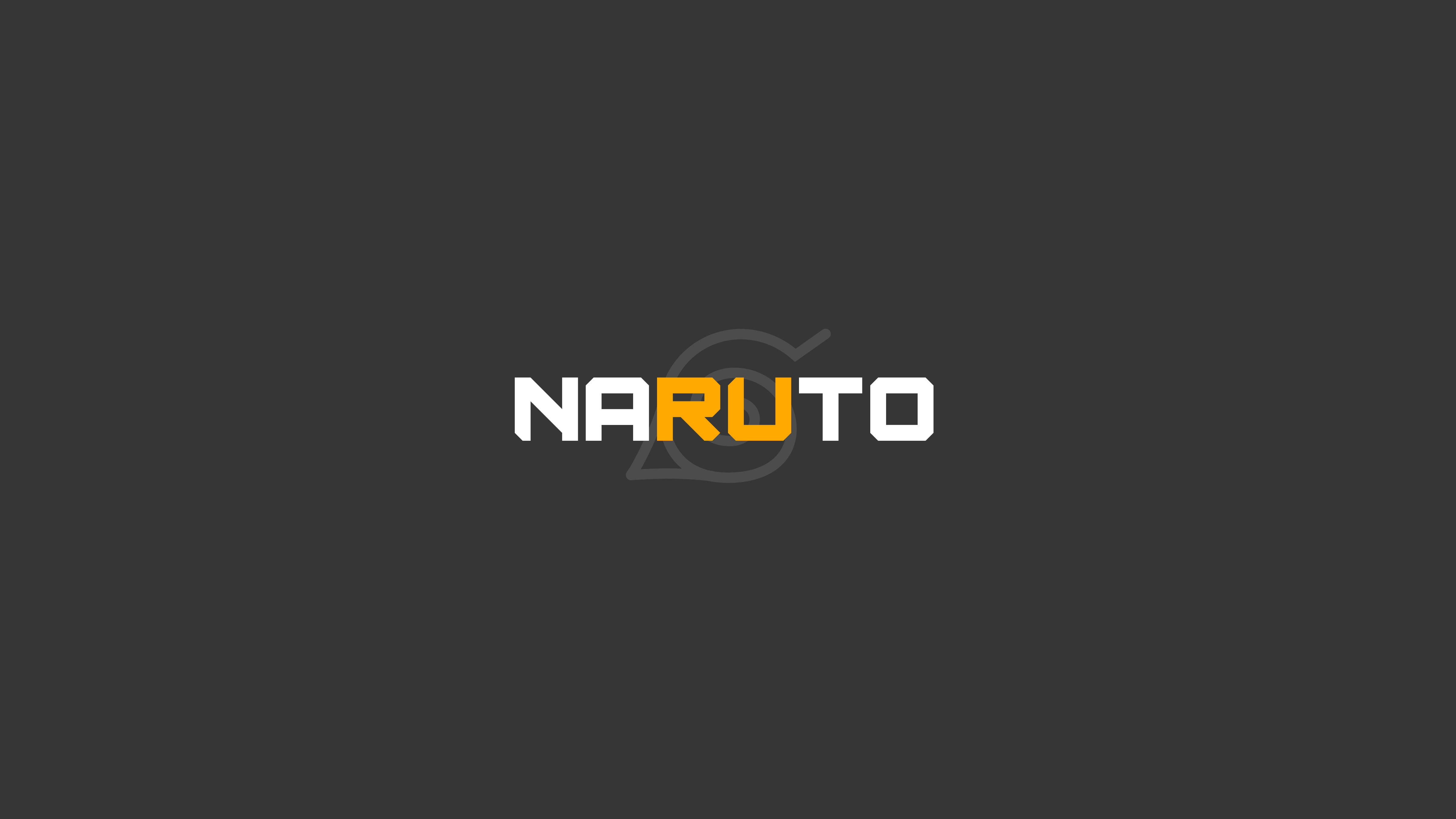 火影忍者 桌布 壁紙 — 粗體白色和橙色的「NARUTO」字樣居中顯示在深灰色背景上，背後有一個模糊的圓形標誌。