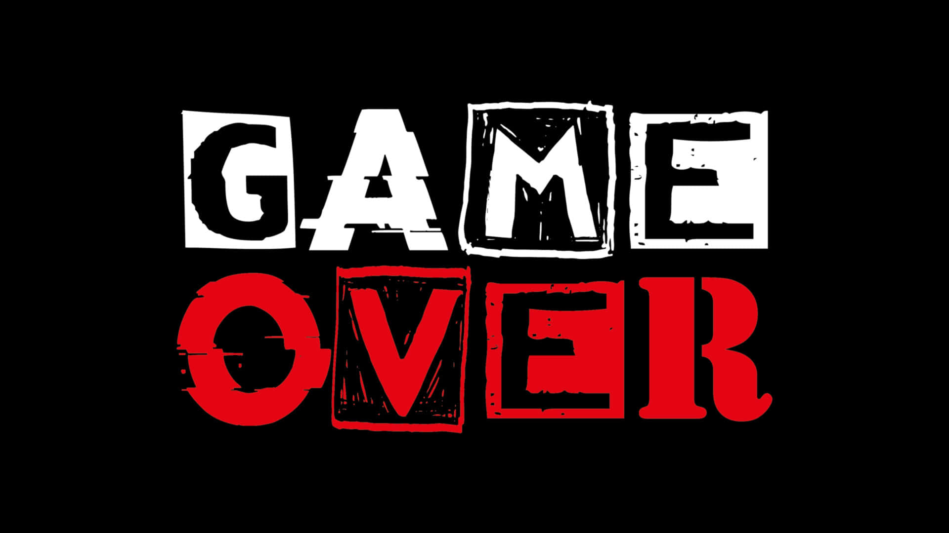 Dark Game Over 桌布 壁紙 — 粗體白色和紅色的「GAME OVER」文字，帶有磨損邊緣，在純黑色背景上脫穎而出。