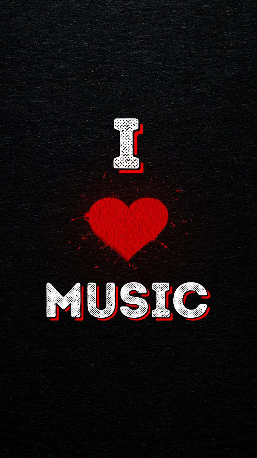 音樂 桌布 壁紙 — 粗體白色和紅色的「I ❤️ MUSIC」文字，在紋理黑色背景上帶有潑濺效果。