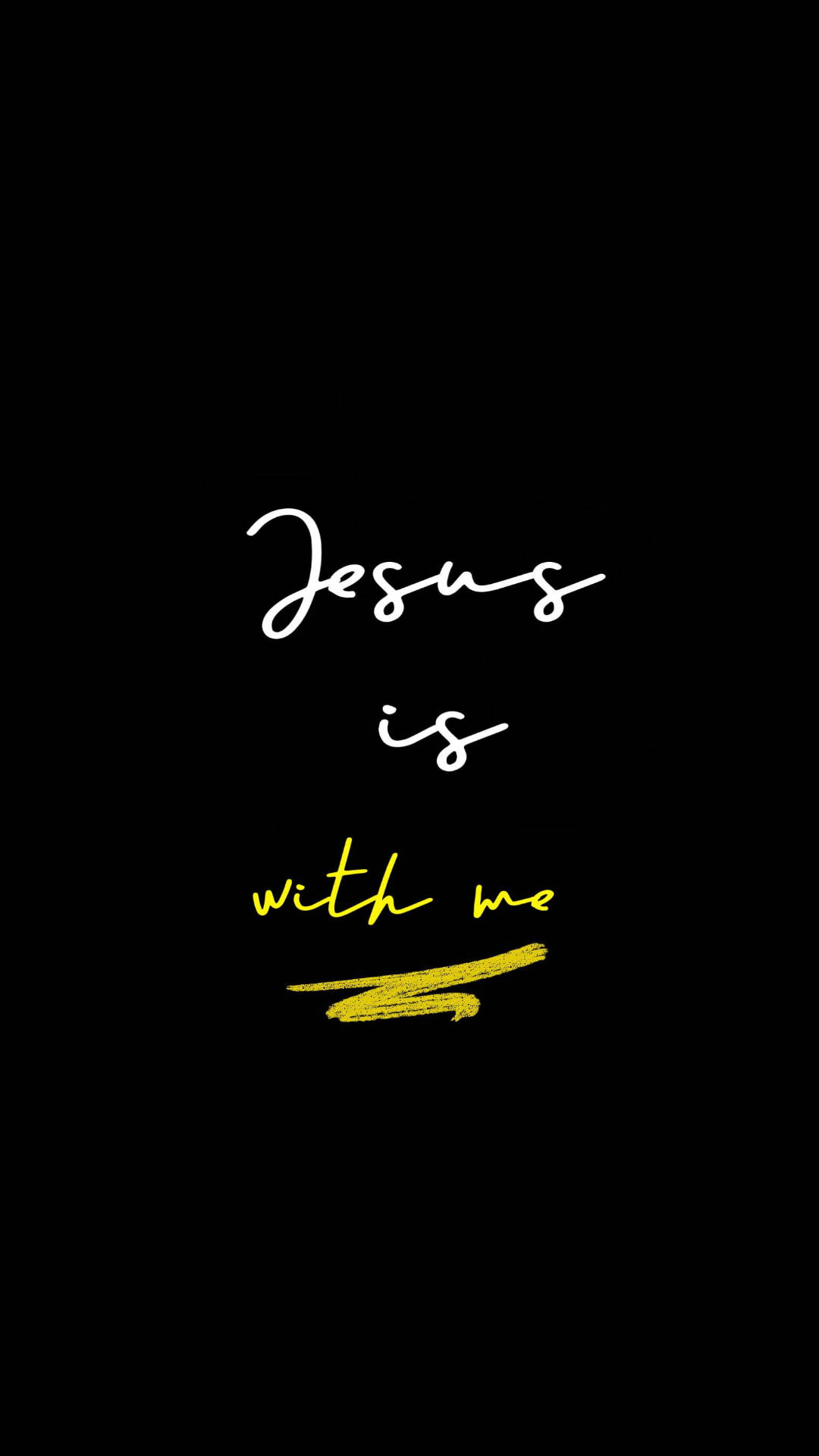 Jesus Christ Quotes 桌布 壁紙 — 粗體白色和黃色草書文字在純黑色背景上顯示耶穌與我同在。