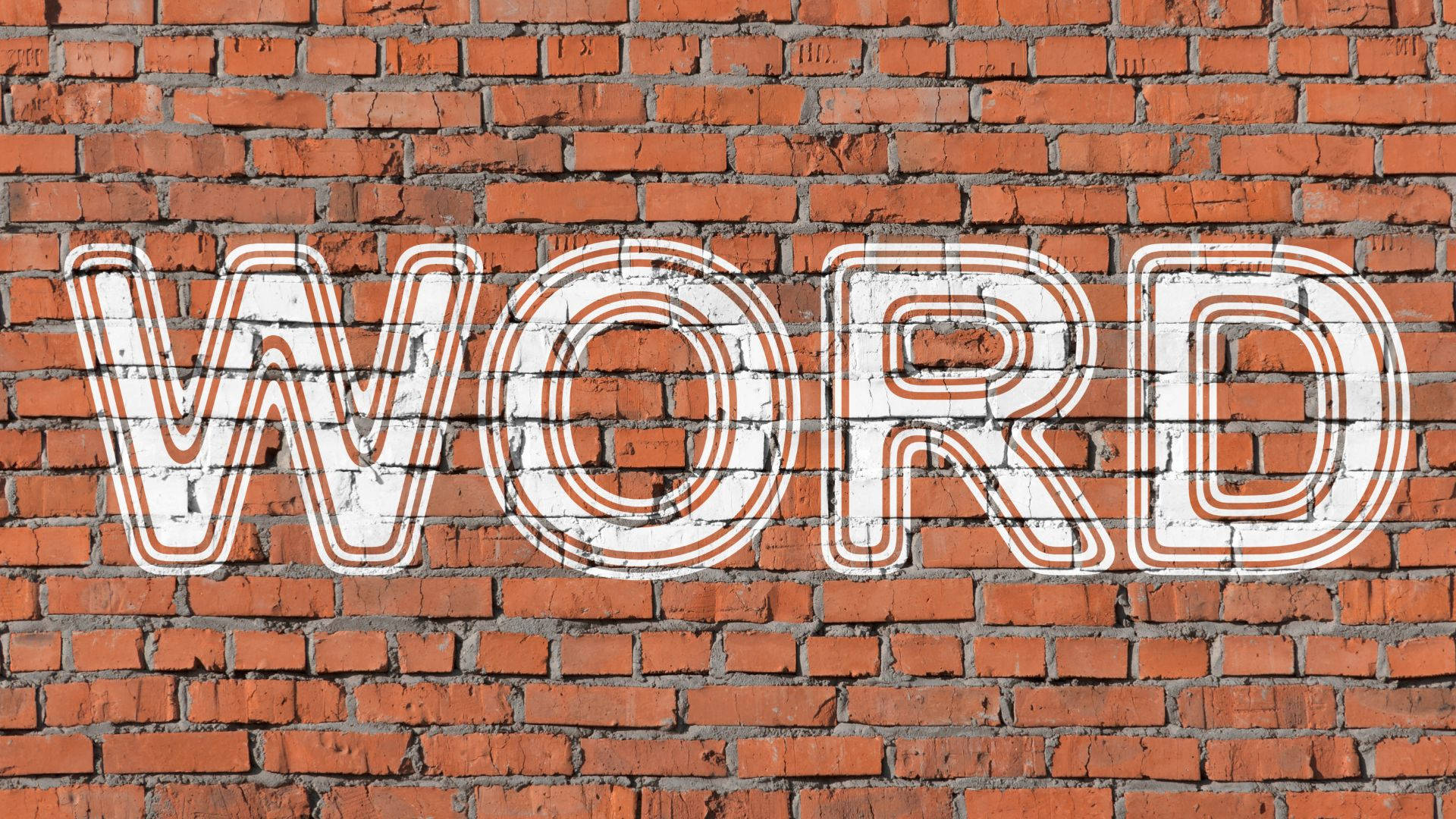 Word 桌布 壁紙 — 粗體白色外框字母 'WORD' 繪在風化的紅磚牆上。