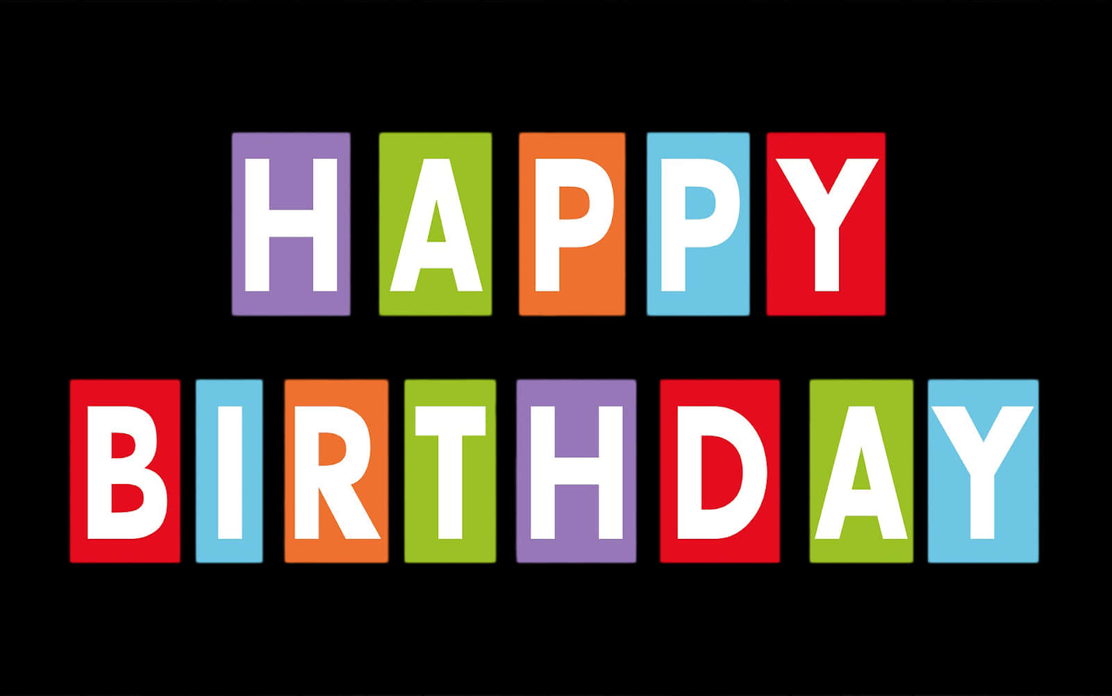 Happy Birthday Text 桌布 壁紙 — 粗體白色字母在黑色背景上以彩色方塊拼出 happy birthday。
