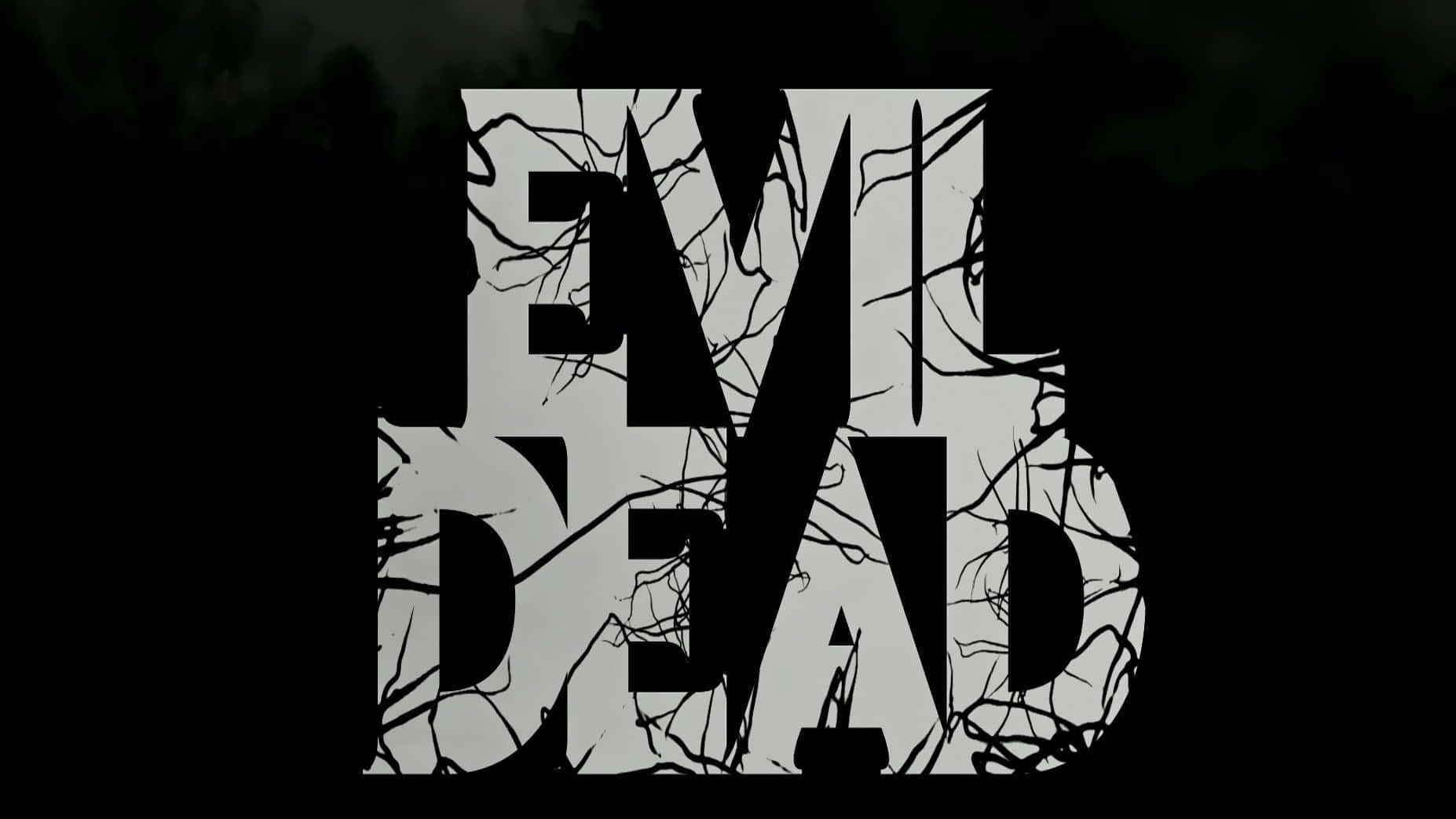 電影動圖 桌布 壁紙 — 粗體白色字母的「EVIL DEAD」字樣裂開並纏繞著黑色樹根，背景為深色。