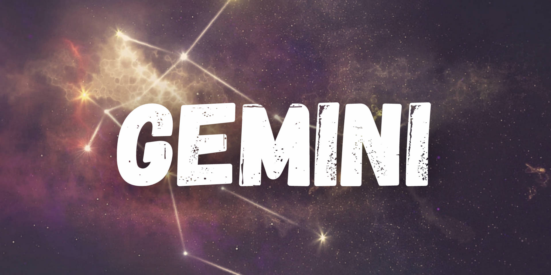 gemini 桌布 壁紙 — 粗體白色字母的「GEMINI」一詞疊加在宇宙背景上，背景中有發光的星星和形成星座的星雲。