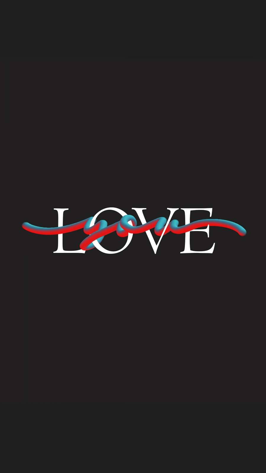 Love Phone 桌布 壁紙 — 粗體白色字母的「LOVE」一詞被紅色和藍色絲帶纏繞在深色背景上。