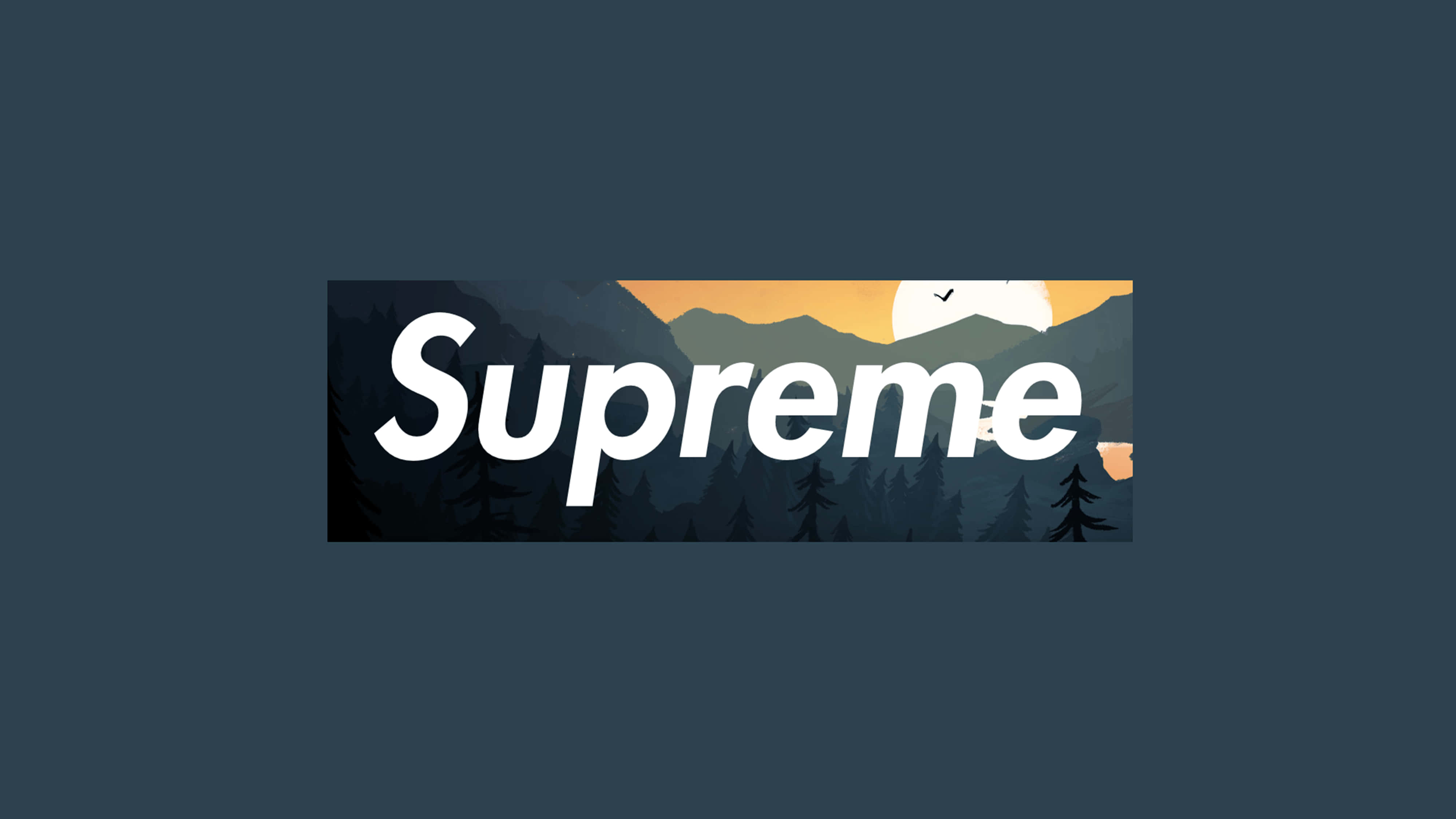 supreme aesthetic 桌布 壁紙 — 粗體白色字母的「Supreme」一詞疊加在一個風格化的山景日落場景上，其中有松樹和一隻飛鳥。