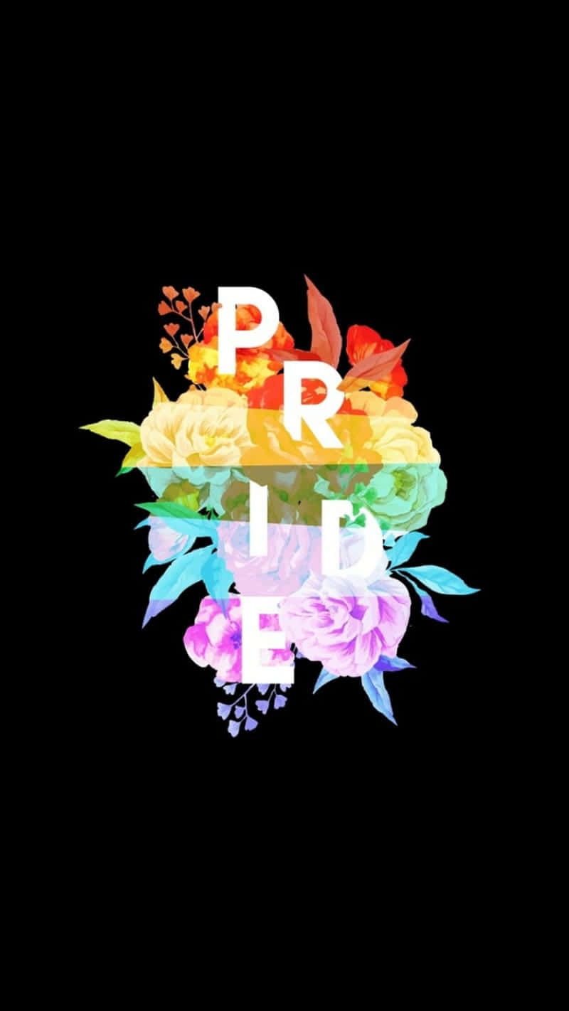 驕傲 桌布 壁紙 — 粗體白色字母的單詞 PRIDE 被鮮豔的彩虹花朵包圍，背景為黑色。