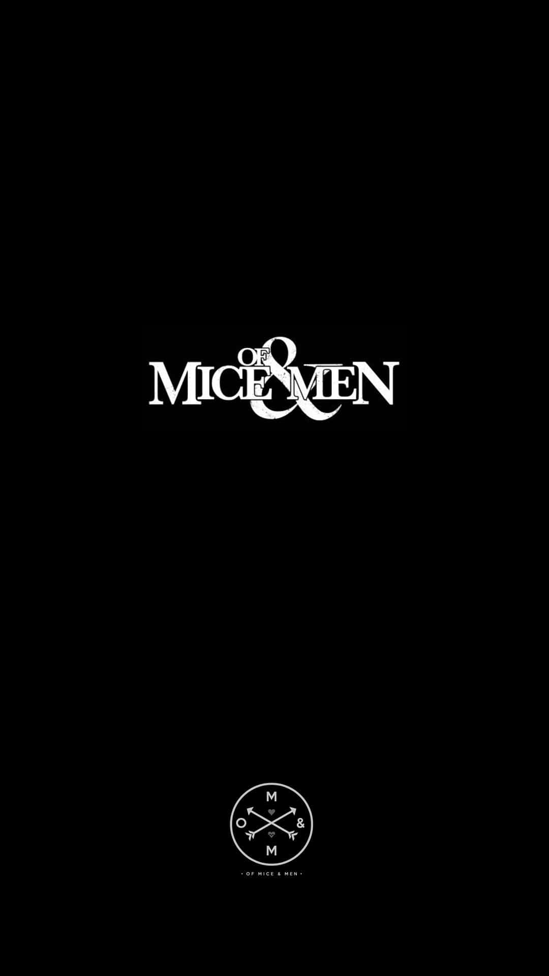 桌布 壁紙 — 粗體白色字體拼寫「OF MICE & MEN」，居中於樸素黑色背景上，下方有一個圓形標誌。
