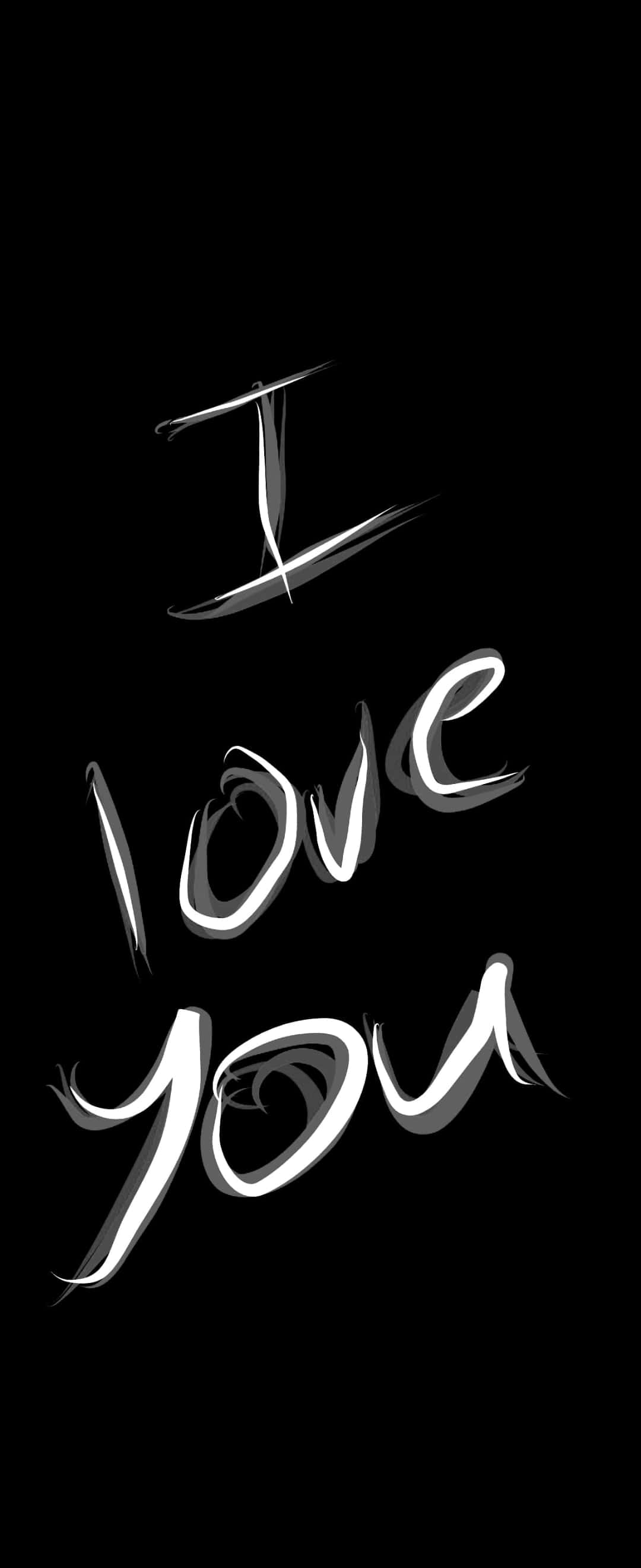 1080x2640 桌布 壁紙 — 粗體白色手寫文字 'I love you' 在純黑色背景上發光，帶有柔和灰色陰影。