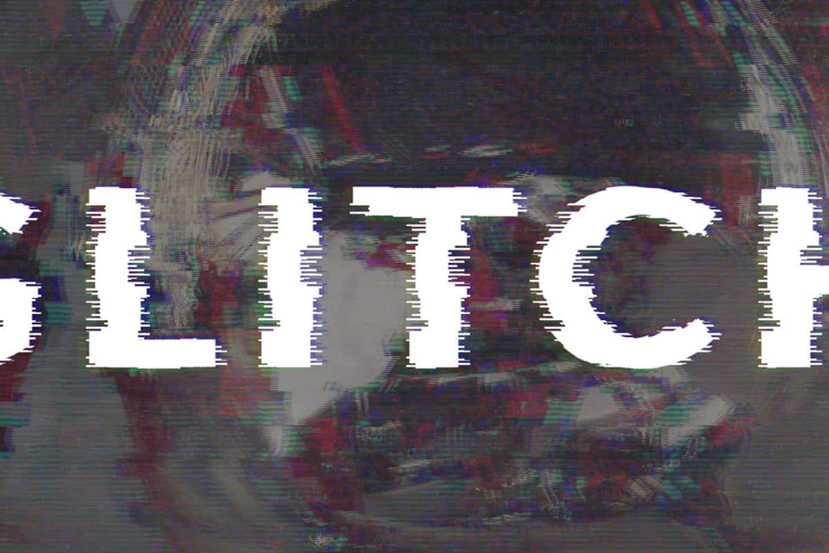 故障 桌布 壁紙 — 粗體白色故障文字顯示「GLITCH」，背景為扭曲的數位像素，帶有紅色、藍色和灰色的模糊像素。