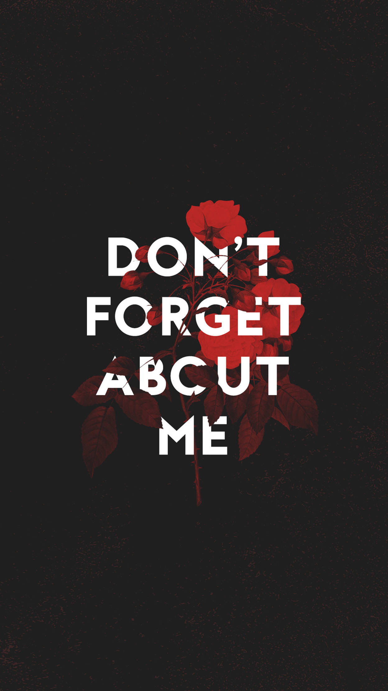 超炫 iPhone 桌布 壁紙 — 粗體白色文字 'DON'T FORGET ABOUT ME' 覆蓋在一簇鮮豔的紅玫瑰上，背景為紋理黑色。
