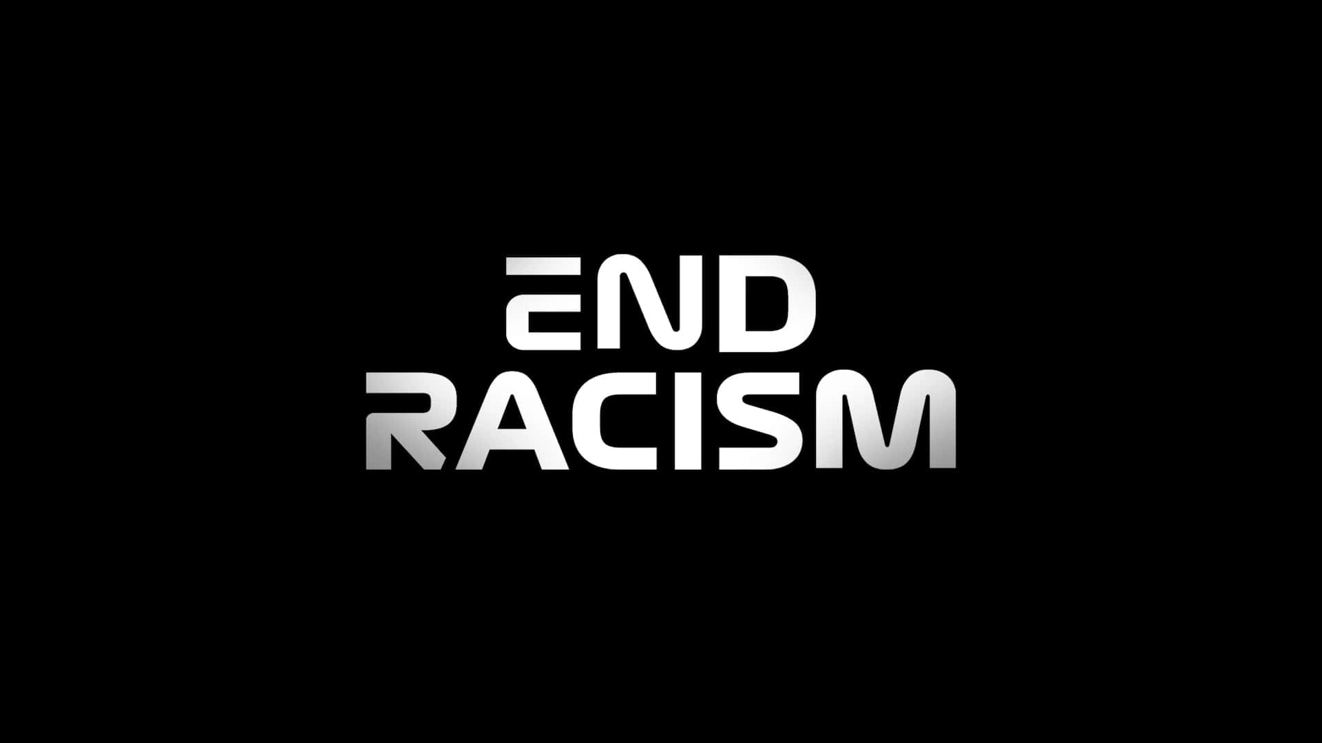 黑白 桌布 壁紙 — 粗體白色文字「END RACISM」居中顯示在帶有微妙漸層的純黑色背景上。