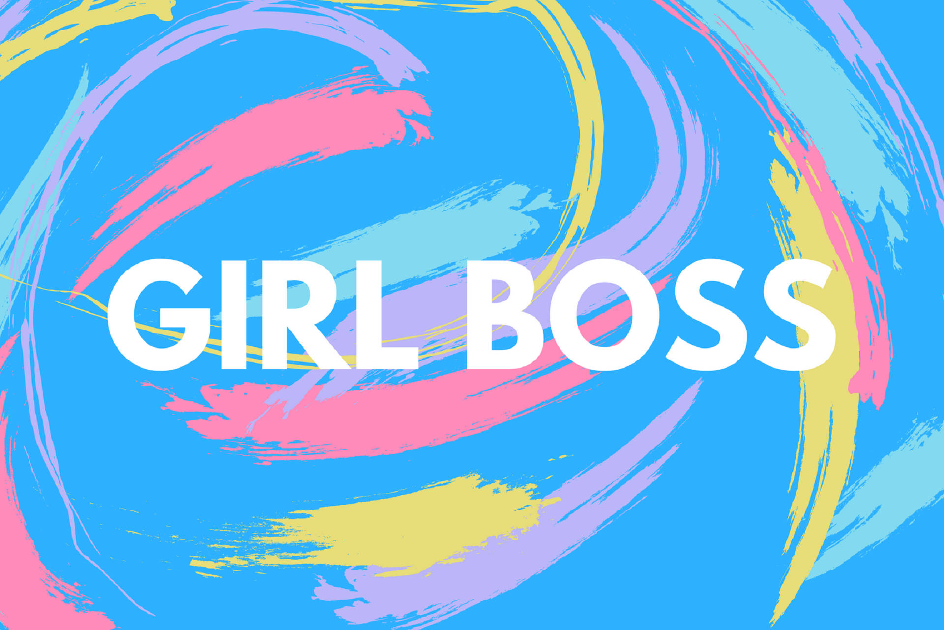 boss 桌布 壁紙 — 粗體白色文字 'GIRL BOSS' 居中於粉紅色、黃色和紫色的漩渦狀筆觸之上，背景為亮藍色。