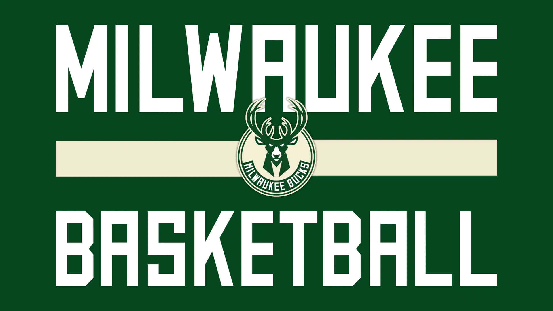 Bucks 桌布 壁紙 — 粗體白色文字「Milwaukee Basketball」顯示在純綠色背景上，帶有奶油色條紋和鹿標誌。