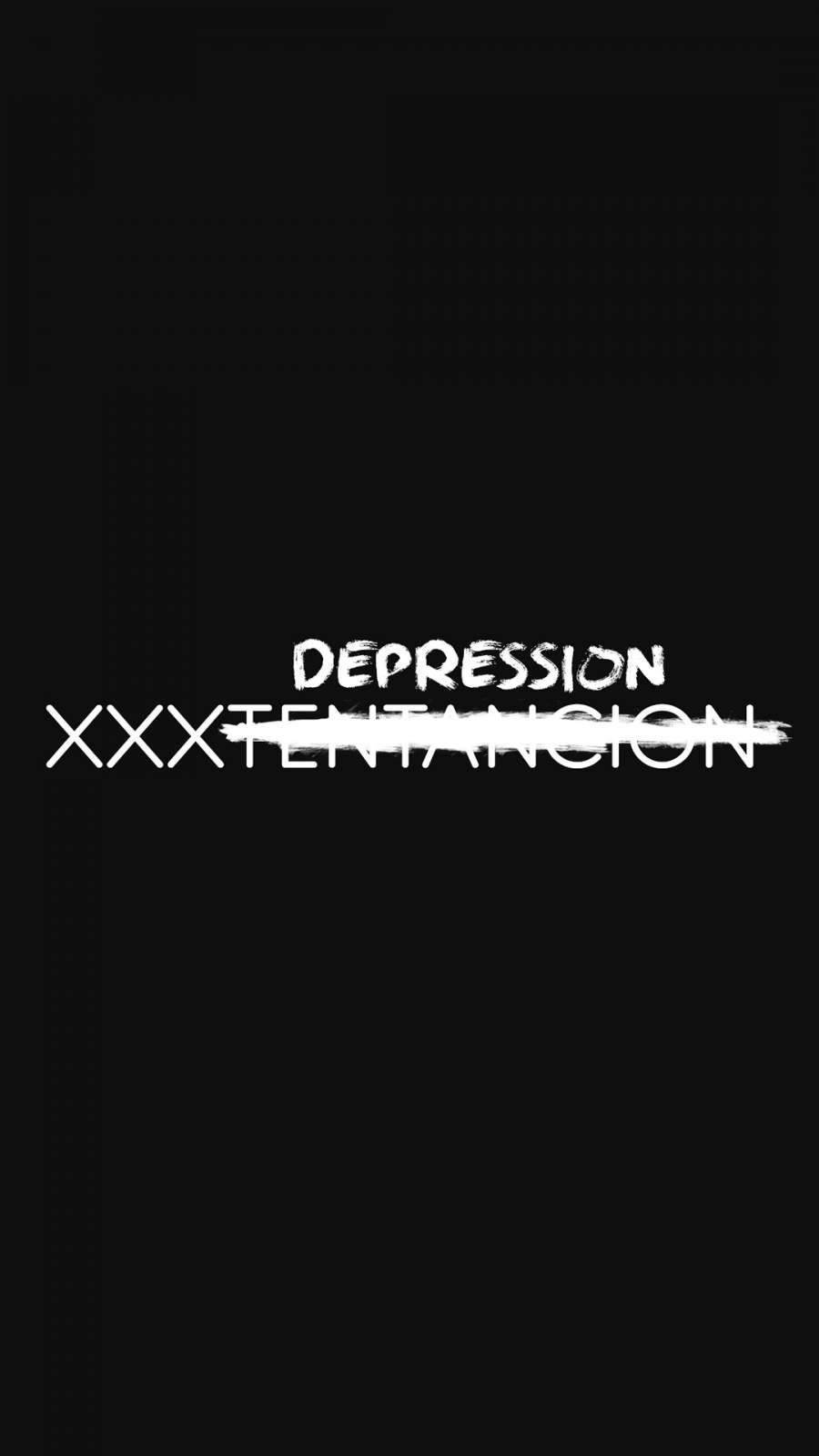 黑暗悲傷動圖 桌布 壁紙 — 粗體白色文字在 stark 黑色背景上顯示 depression 和 xxxtentacion 被劃掉。