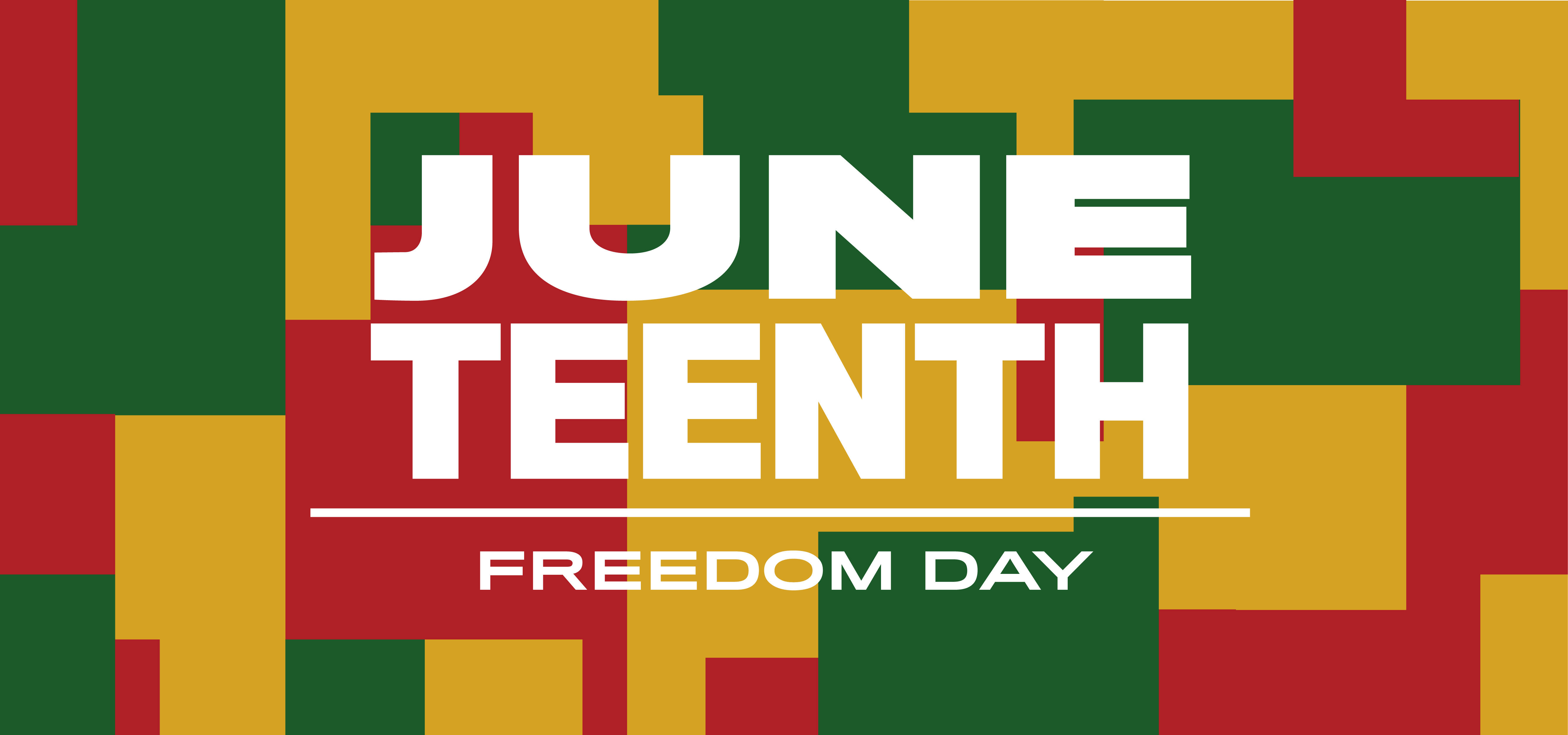 Juneteenth 桌布 壁紙 — 粗體白色文字在充滿活力的紅、綠、金塊幾何背景上寫著 June Teenth Freedom Day。
