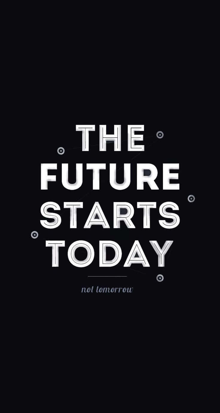 Motivational Quotes Black 桌布 壁紙 — 粗體白色文字在帶有極簡圓形裝飾的樸素黑色背景上宣告「THE FUTURE STARTS TODAY not tomorrow」。