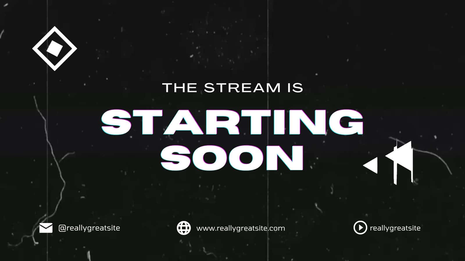 Stream 桌布 壁紙 — 粗體白色文字在深色紋理背景上宣告「THE STREAM IS STARTING SOON」，並帶有故障效果和社交媒體圖示。