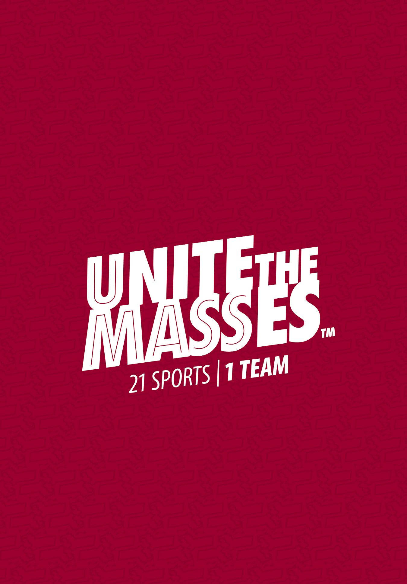 運動 桌布 壁紙 — 粗體白色文字在紋理深紅色背景上寫著 unite the masses 21 sports 1 team。