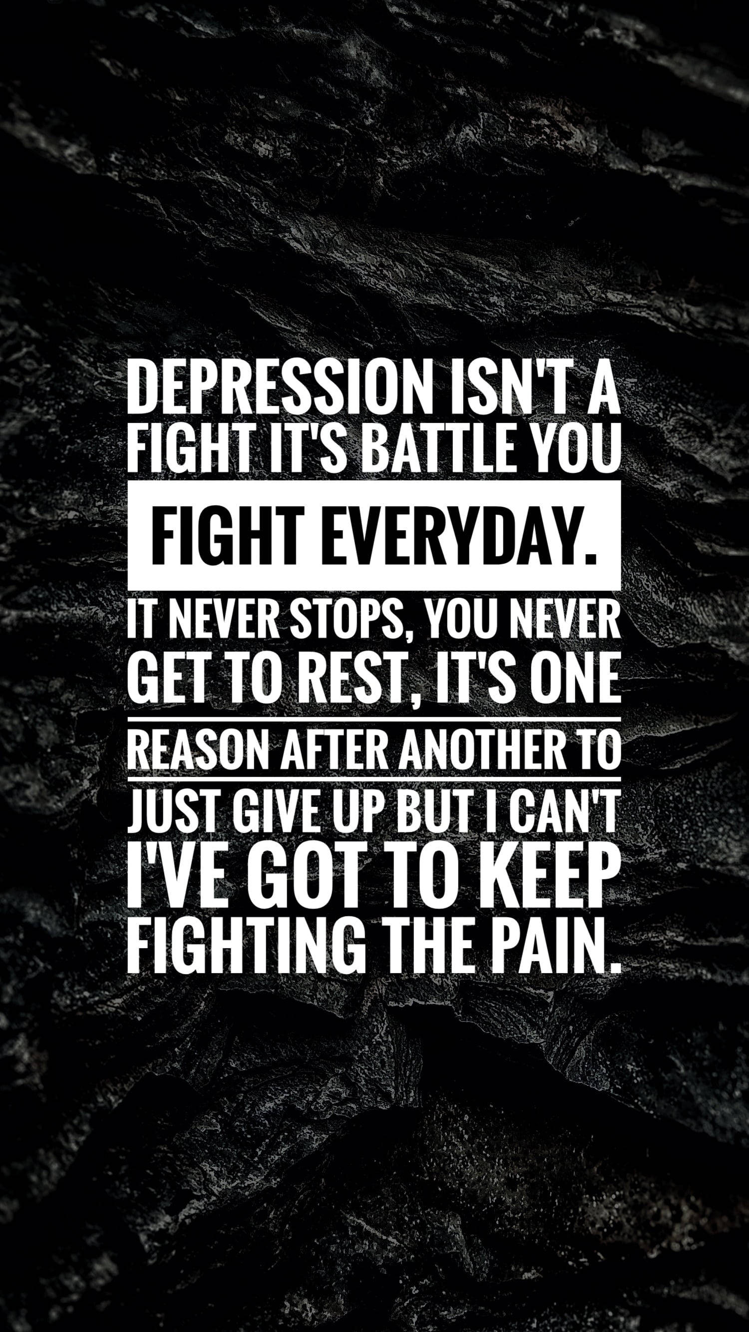 Depression Aesthetic 桌布 壁紙 — 粗體白色文字在紋理黑色石頭背景上宣告憂鬱症是每日與痛苦的鬥爭。