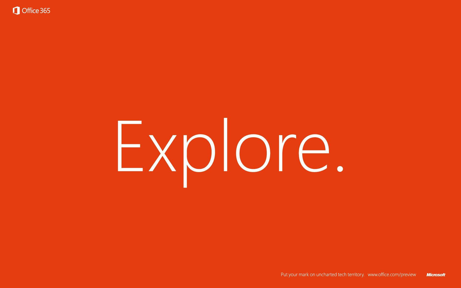 Office 365 桌布 壁紙 — 粗體白色文字在純橙色背景上顯示 Explore，帶有 Office 365 和 Microsoft 品牌標識。