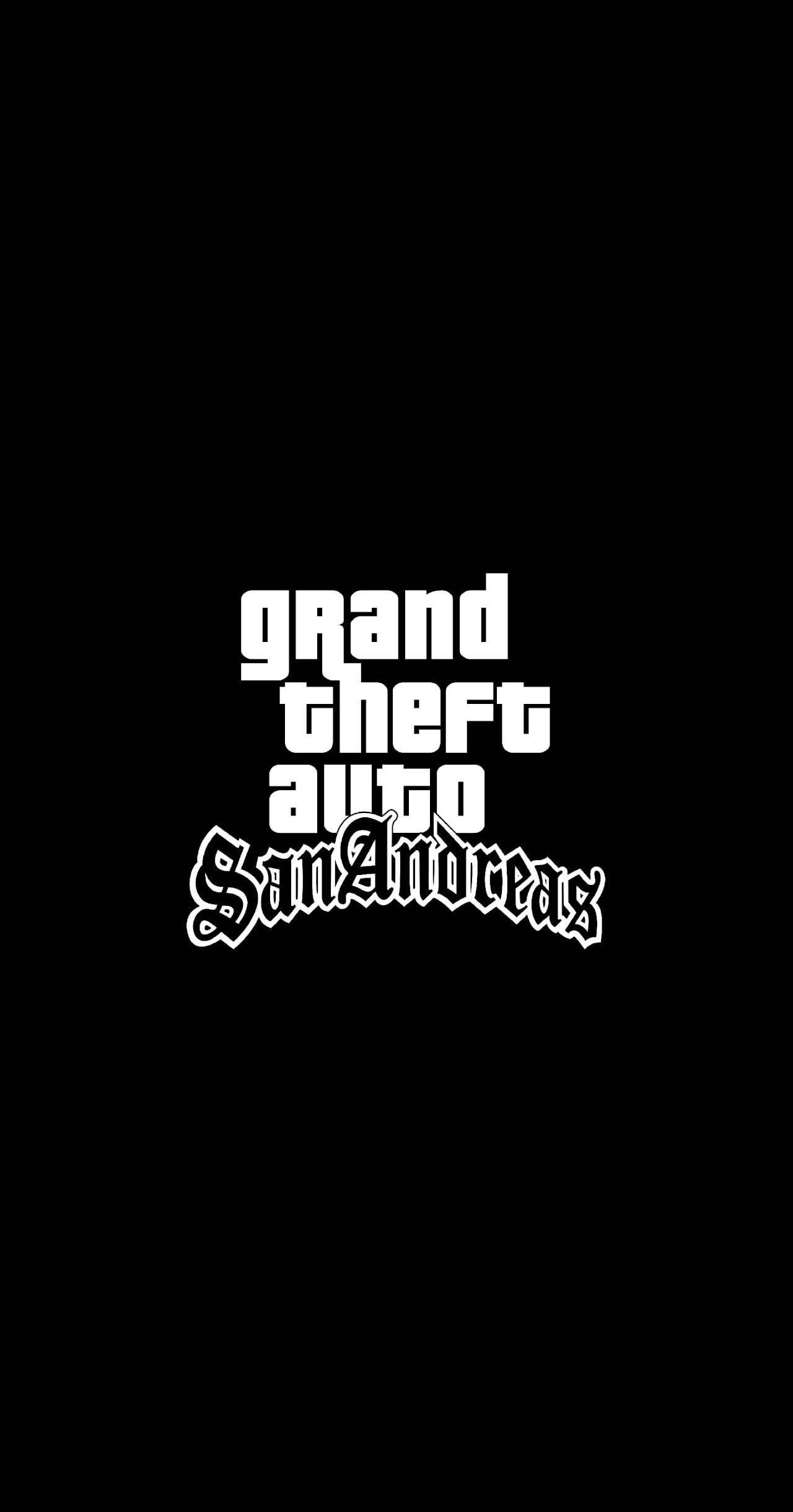 gta iPhone 桌布 壁紙 — 粗體白色文字在純黑色背景中央顯示 Grand Theft Auto San Andreas 標誌。