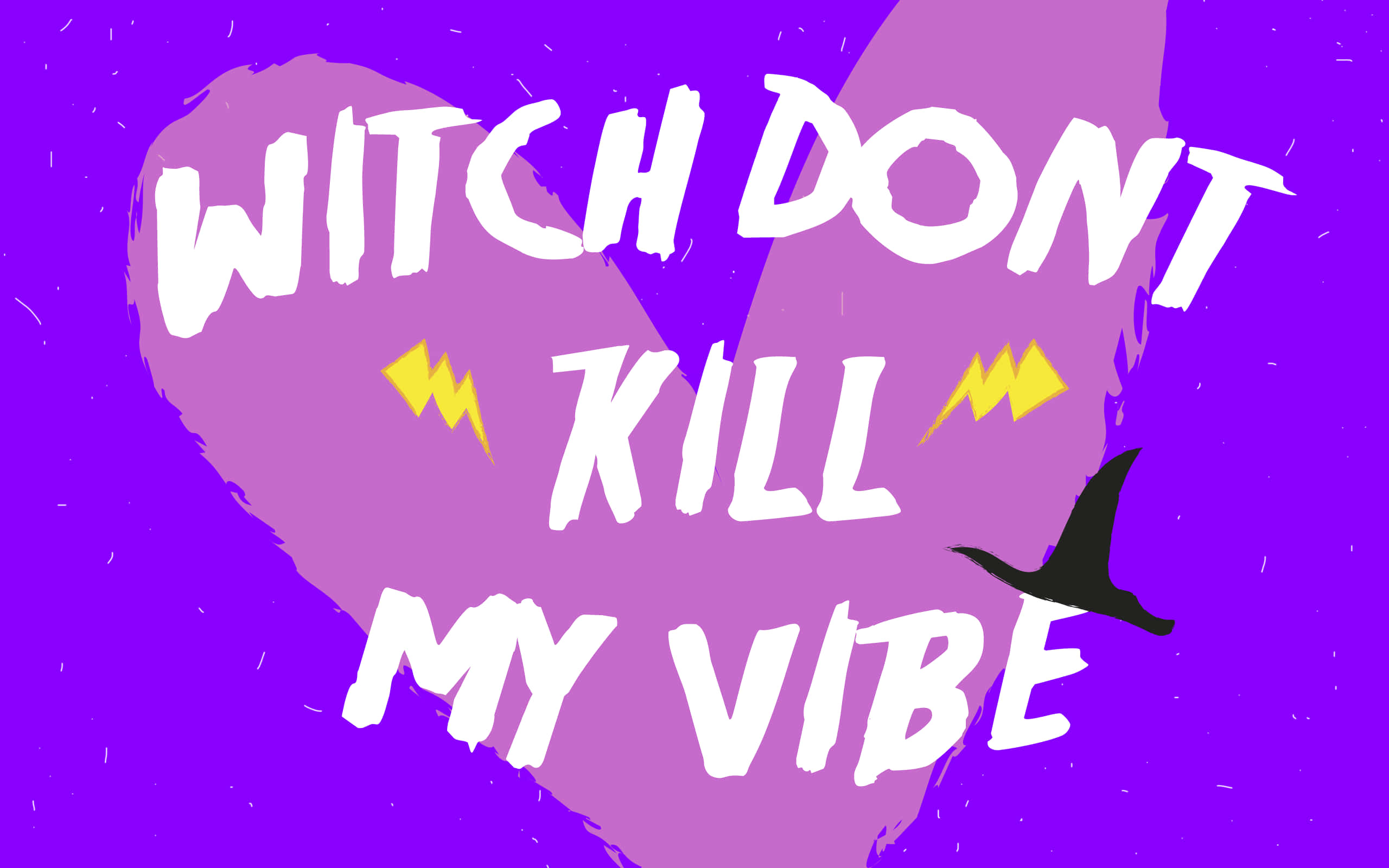 Purple Halloween 桌布 壁紙 — 粗體白色文字在紫色心形上寫著「WITCH DONT KILL MY VIBE」，並配有黑色女巫帽和黃色閃電。