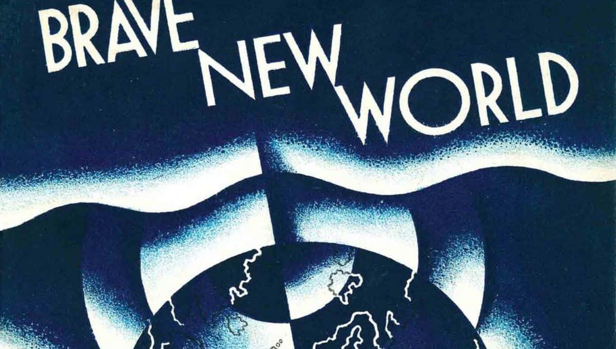 New World 桌布 壁紙 — 粗體白色文字在風格化的地球儀上方顯示「brave new world」，地球儀帶有深藍色和白色的抽象波浪。
