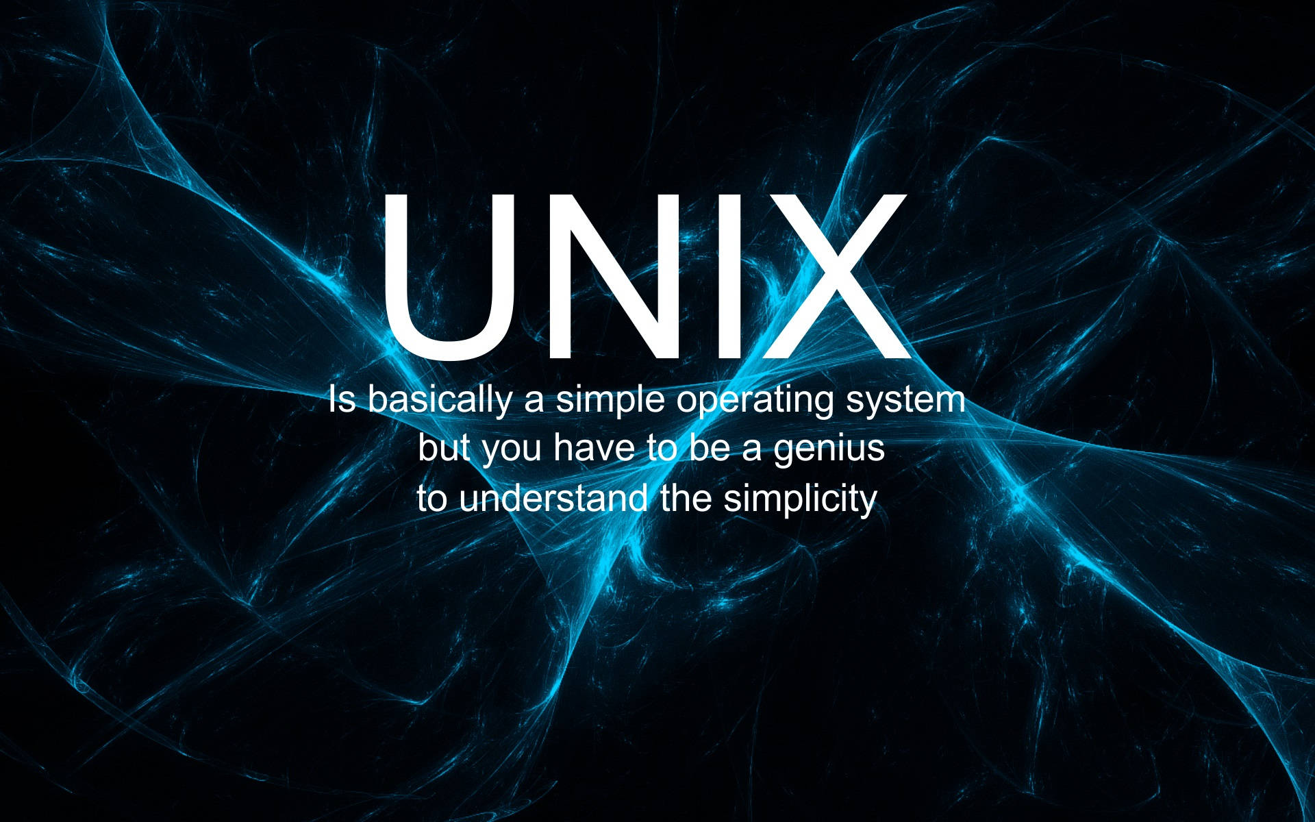 程式設計 桌布 壁紙 — 粗體白色文字在黑暗背景上宣告 UNIX，伴隨著發光的藍色碎形能量流。
