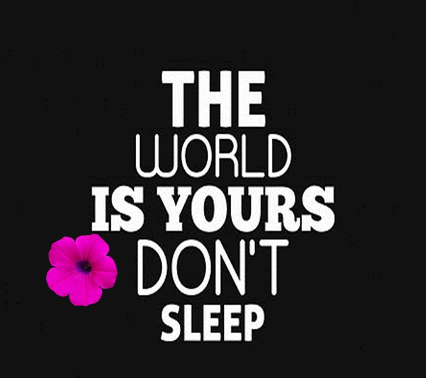 The World Is Yours 桌布 壁紙 — 粗體白色文字在黑色背景上，旁邊有一朵鮮豔的粉紅色花朵，宣告「THE WORLD IS YOURS DON'T SLEEP」。