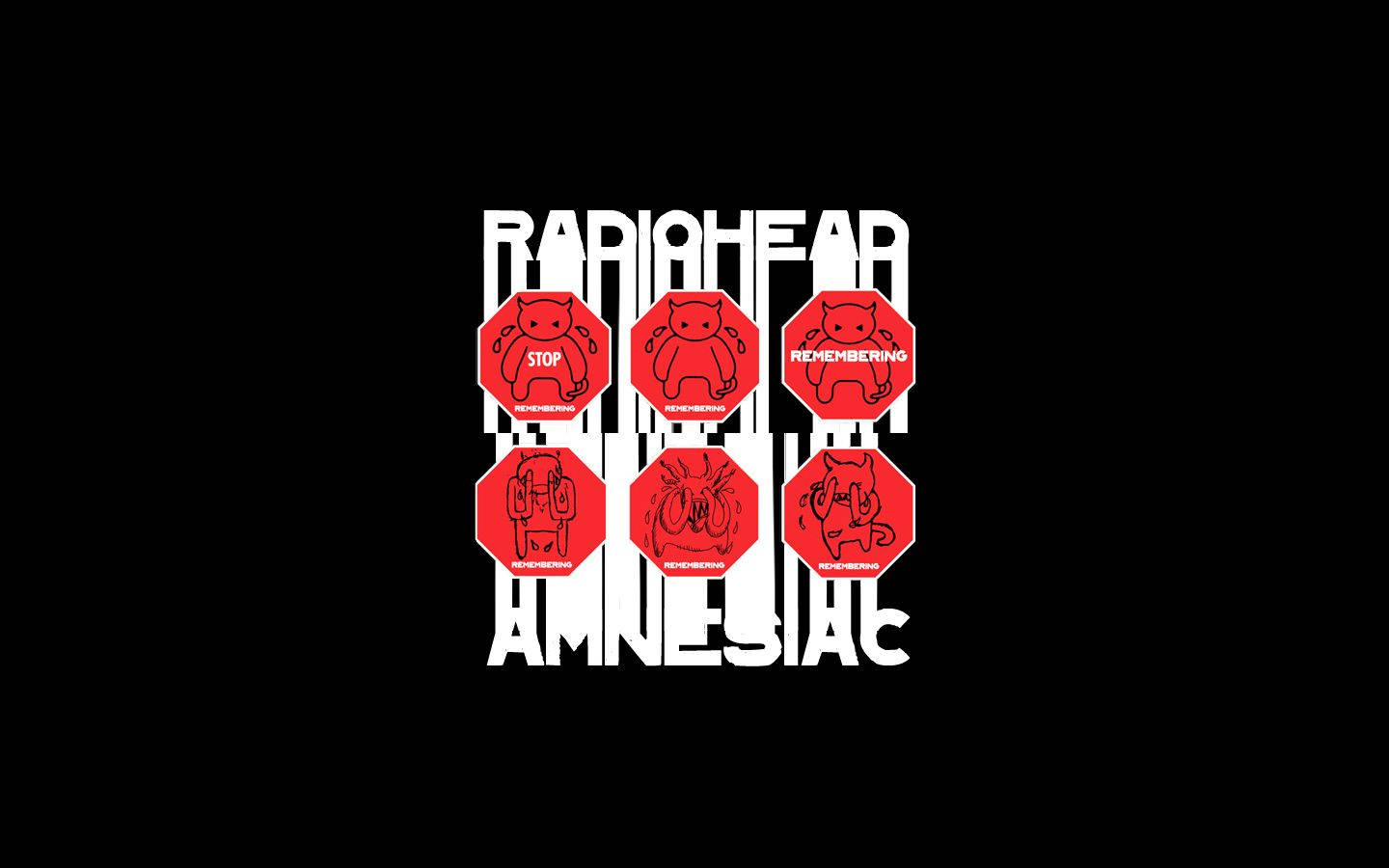 band 桌布 壁紙 — 粗體白色文字在黑色背景上拼出RADIOHEAD和AMNESIAC，並有六個紅色八角形圖標，包含卡通人物和文字。