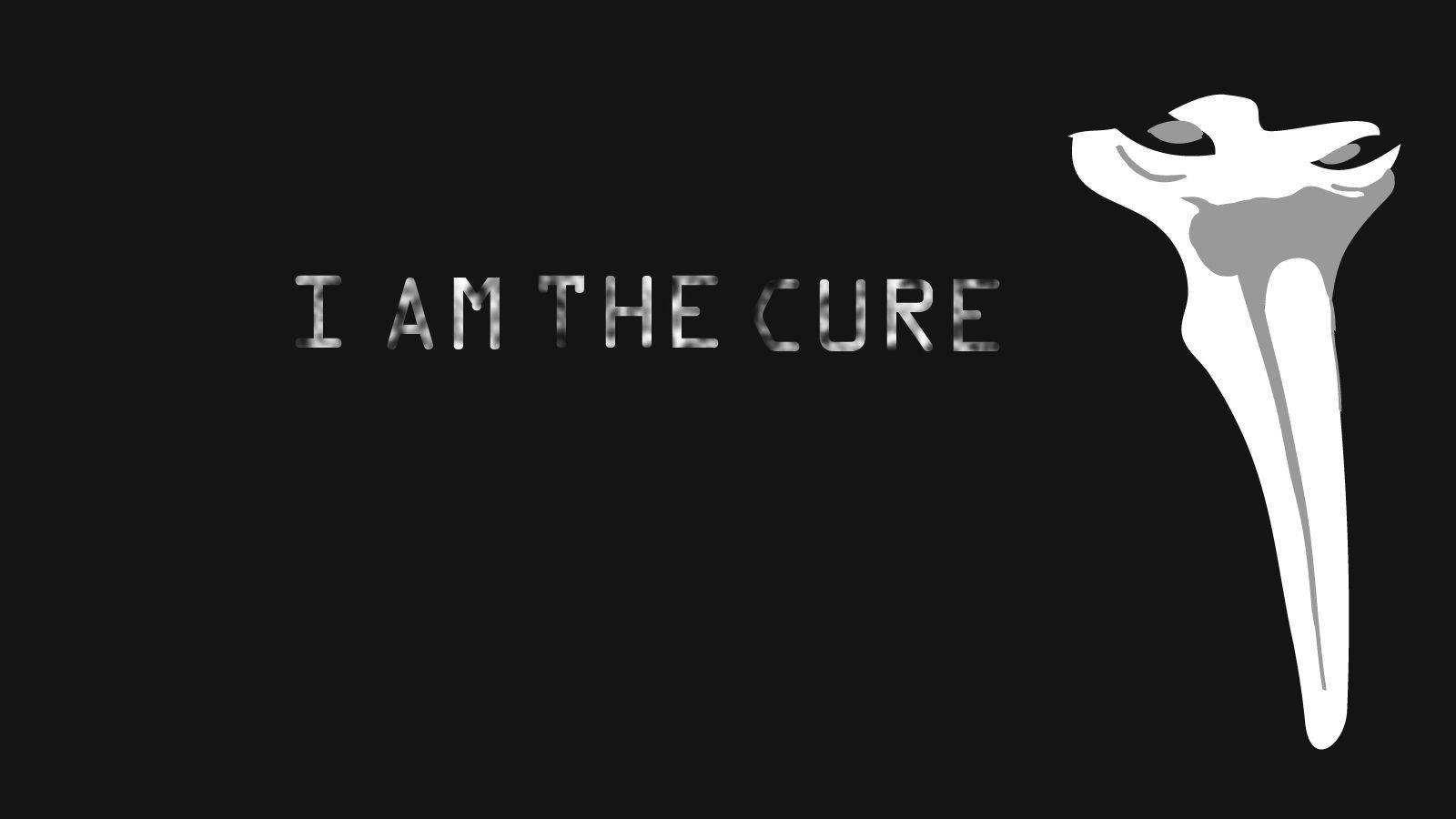 SCP 桌布 壁紙 — 粗體白色文字宣告「I AM THE CURE」，旁邊是風格化的骨頭圖案，背景為純黑色。