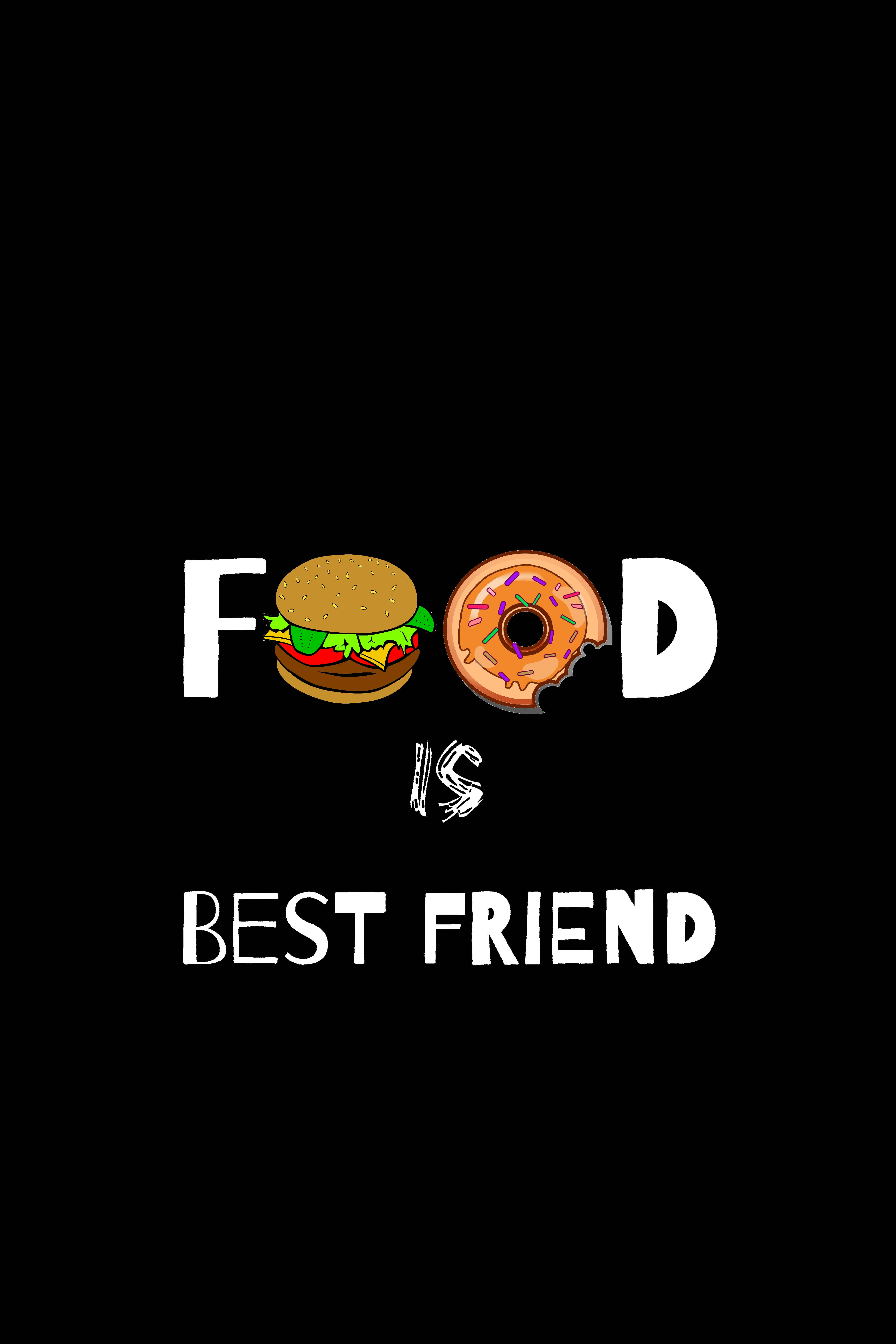 愛心 桌布 壁紙 — 粗體白色文字宣示「FOOD IS BEST FRIEND」，以漢堡取代O，以甜甜圈取代第二個O，背景為黑色。