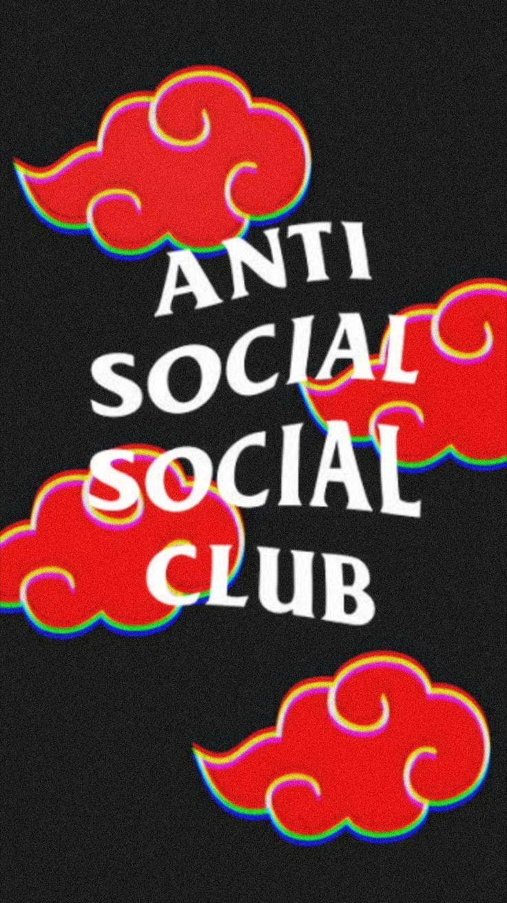 社群 桌布 壁紙 — 粗體白色文字寫著 anti social social club，周圍環繞著帶有彩虹輪廓的鮮紅色雲朵，背景為黑色。