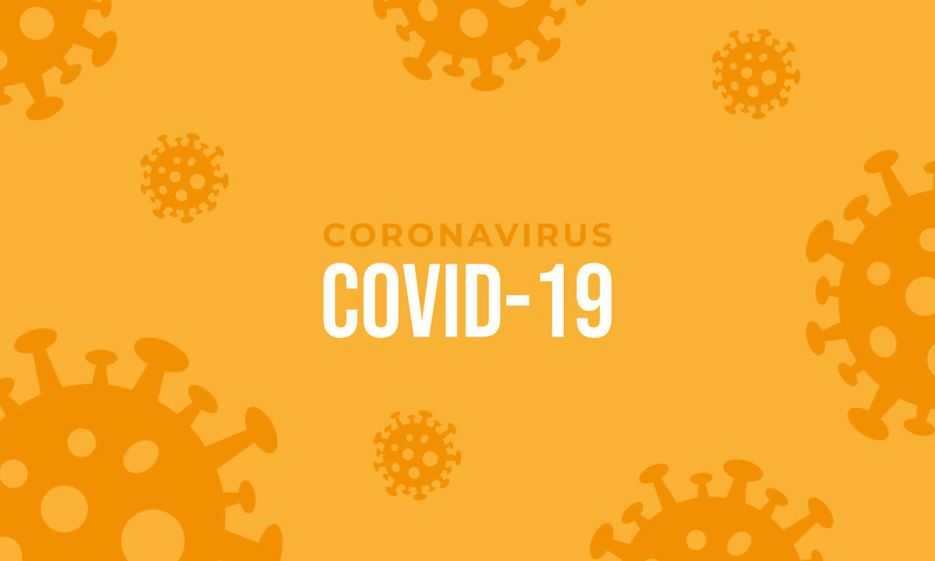 Coronavirus 桌布 壁紙 — 粗體白色文字寫著「coronavirus covid-19」，居中於充滿活力的橙色背景上，並帶有風格化的病毒圖示。