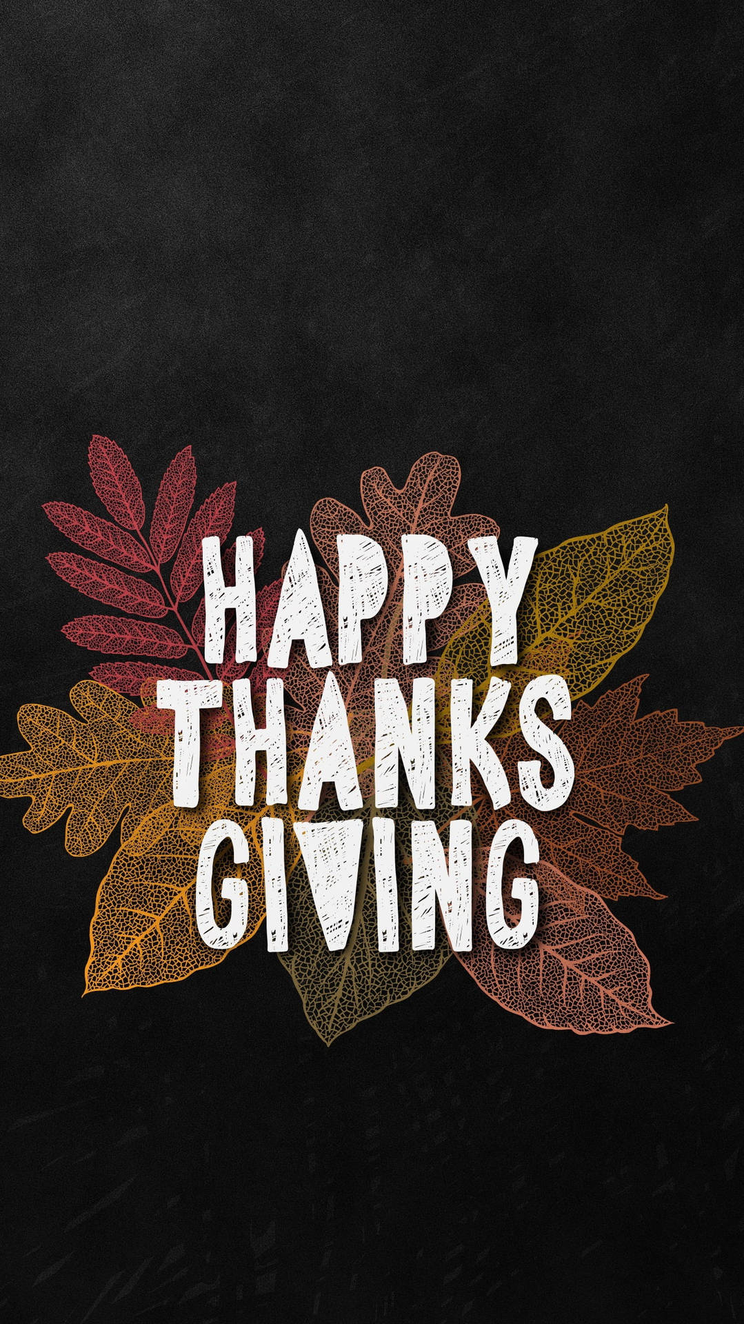 黑色背景上帶有秋葉的Happy Thanksgiving文字 — 感恩節 iPhone 壁紙