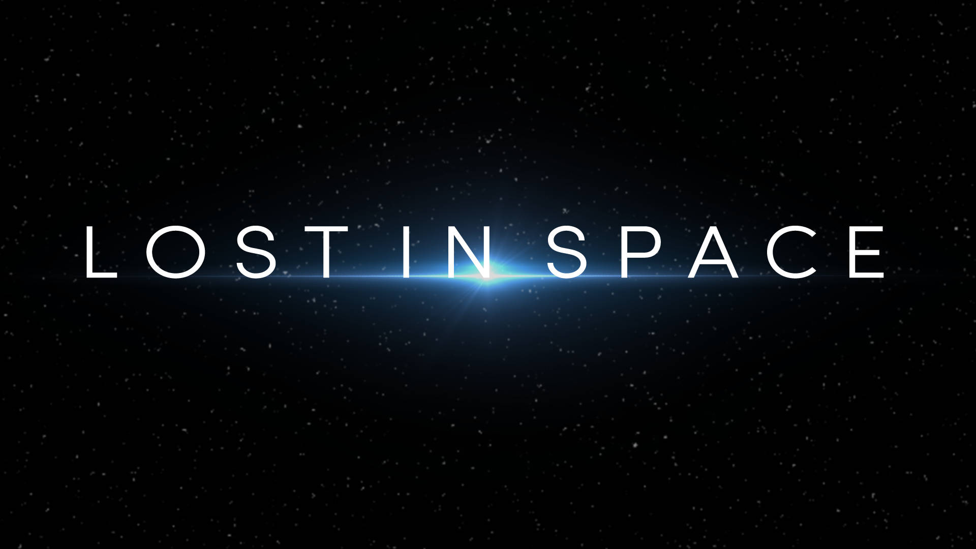 lost 桌布 壁紙 — 粗體白色文字寫著「LOST IN SPACE」，背景是星域，字母下方有發光的藍色鏡頭光暈。