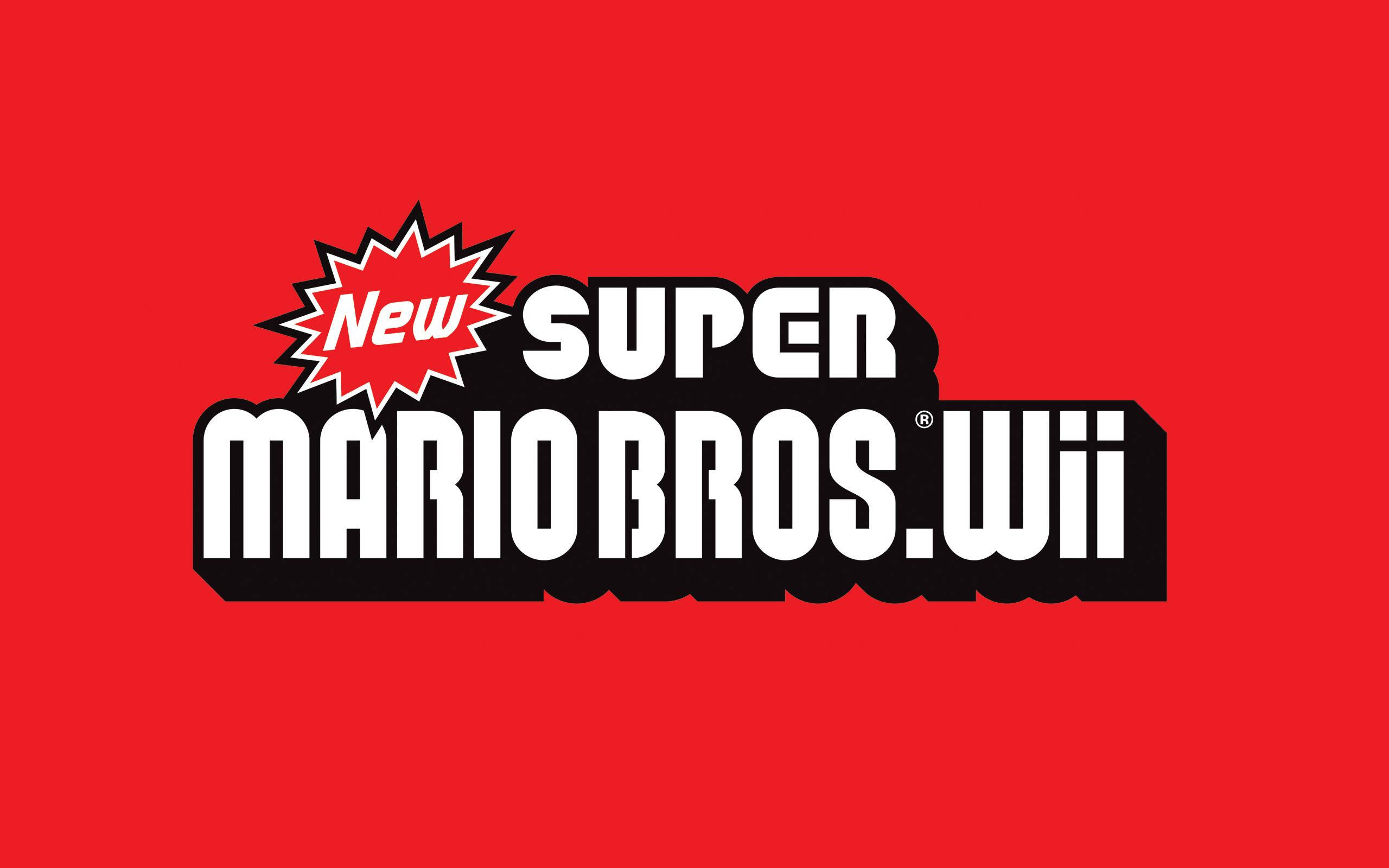 電玩遊戲 桌布 壁紙 — 粗體白色文字寫著「New Super Mario Bros. Wii」，背景為純紅色，並帶有紅色星爆圖案。