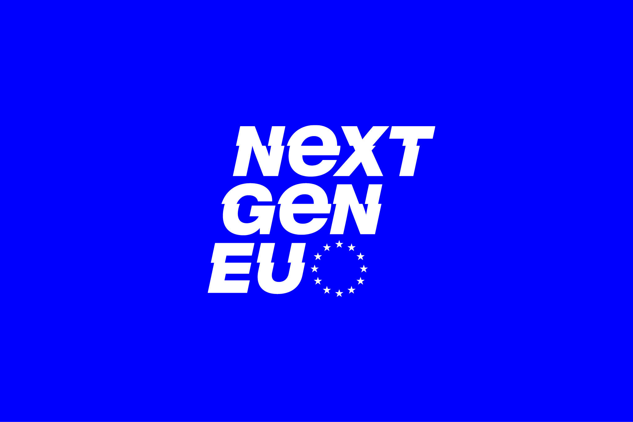 Europe 桌布 壁紙 — 粗體白色文字寫著「NEXT GEN EU」，中央有一個星星圓圈標誌，背景為純藍色。