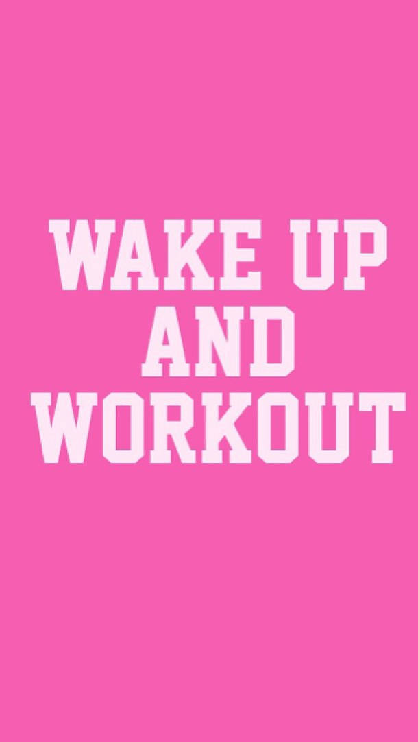 Fitness Motivation iPhone 桌布 壁紙 — 粗體白色文字寫著「醒來做運動」，背景為純色鮮豔粉紅色。